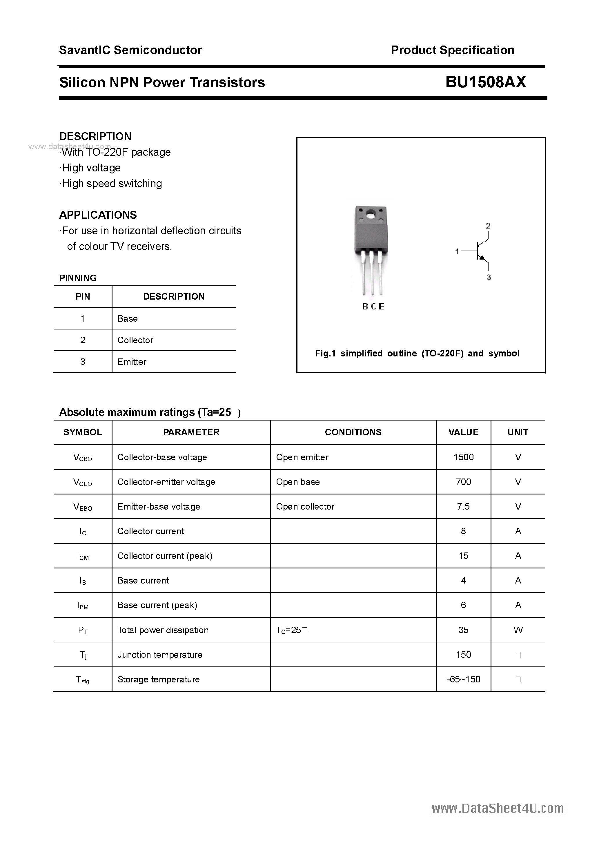 Datasheet BU1508AX - SILICON POWER TRANSISTOR page 1