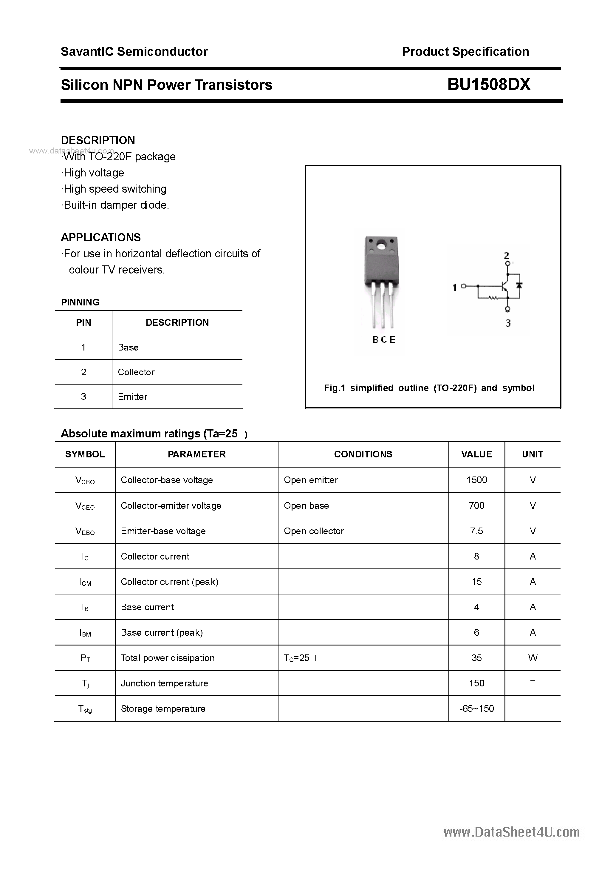 Datasheet BU1508DX - SILICON POWER TRANSISTOR page 1