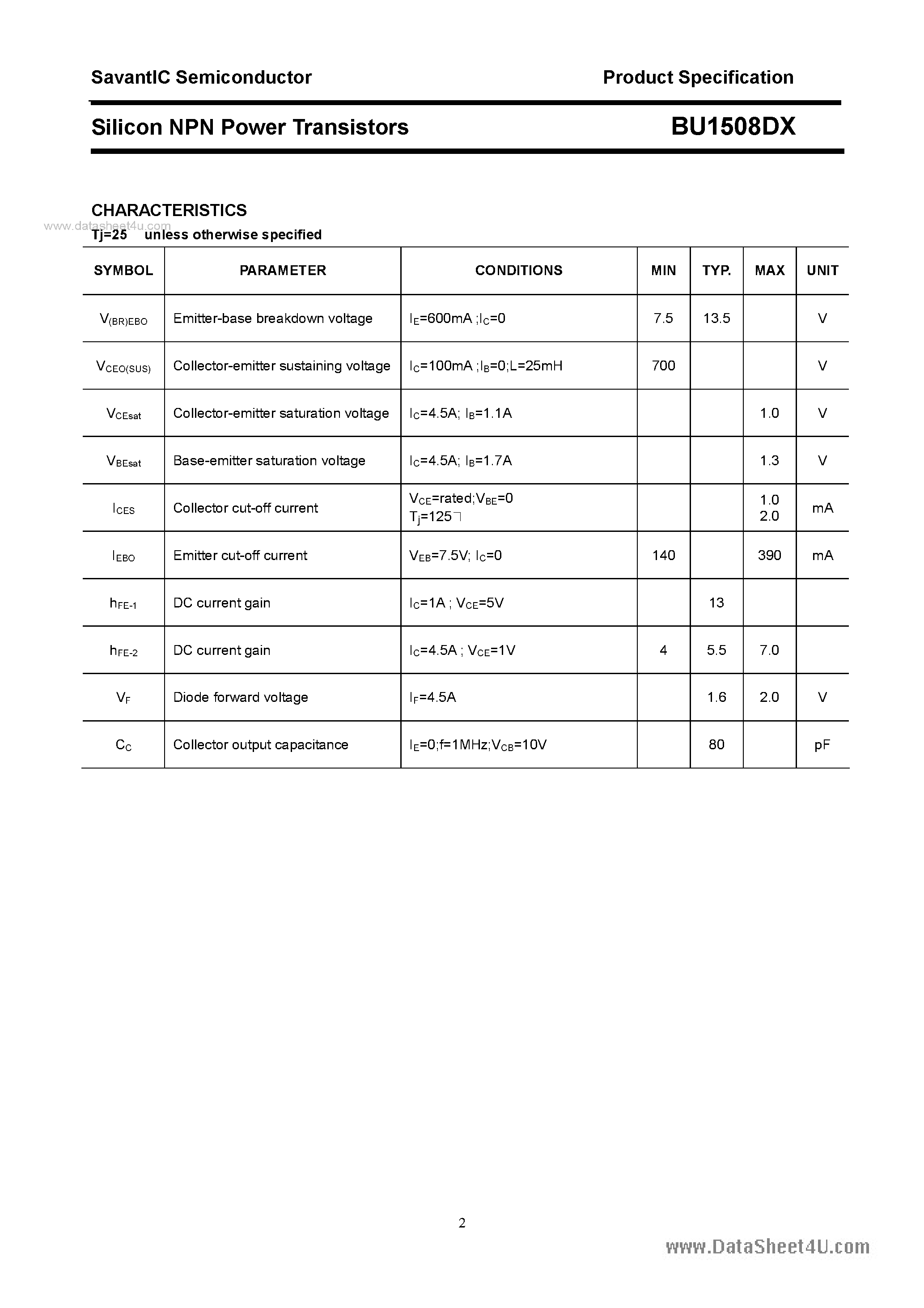 Datasheet BU1508DX - SILICON POWER TRANSISTOR page 2