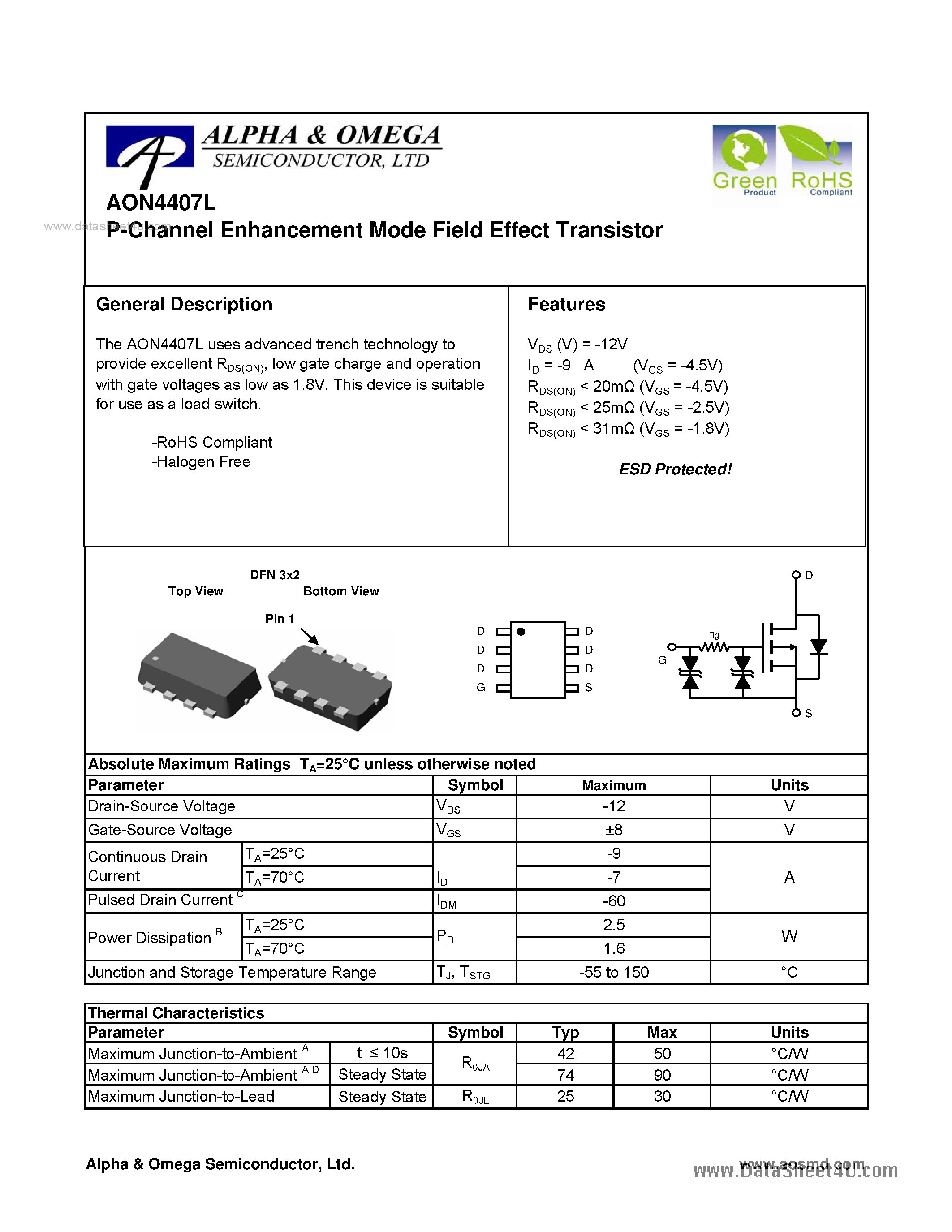 Datasheet AON4407L - P-Channel Enhancement Mode Field Effect Transistor page 1