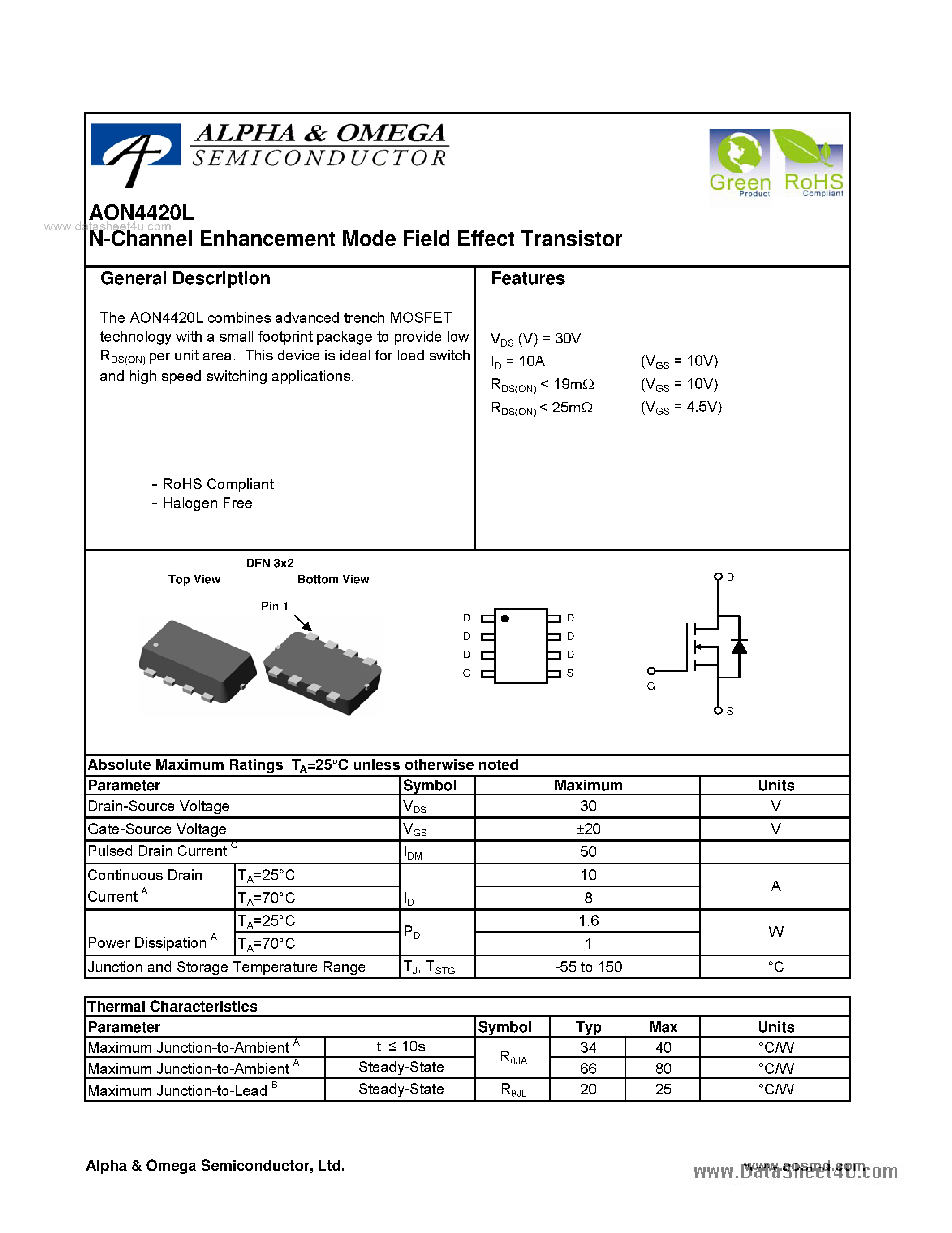 Даташит на микросхему AON4420L страница 1 Даташит AON4420L - N-Channel Enhancement Mode Field Effect Transistor страница 1