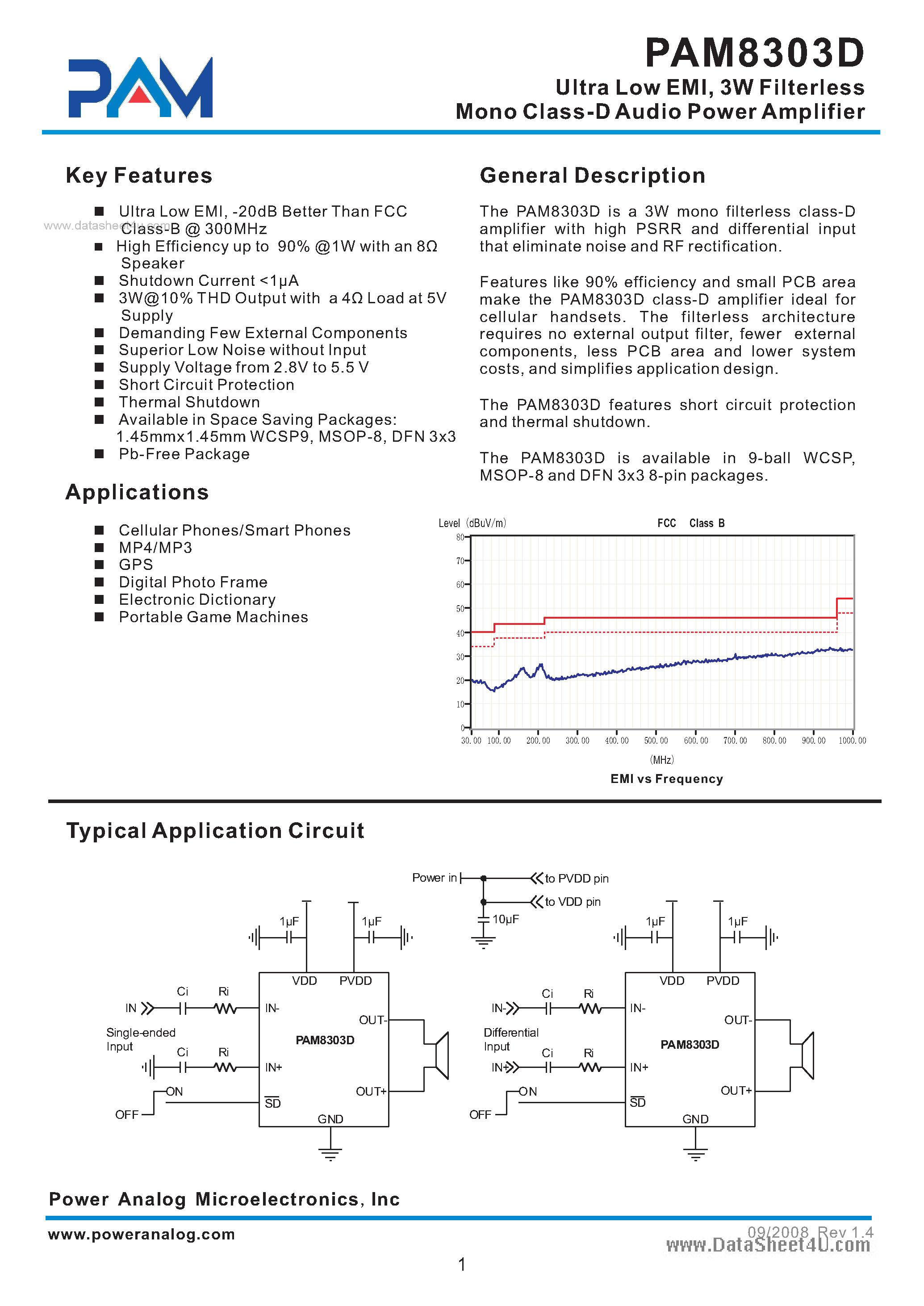 Даташит PAM8303D - 3W Filterless Mono Class-D Audio Power Amplifier страница 1