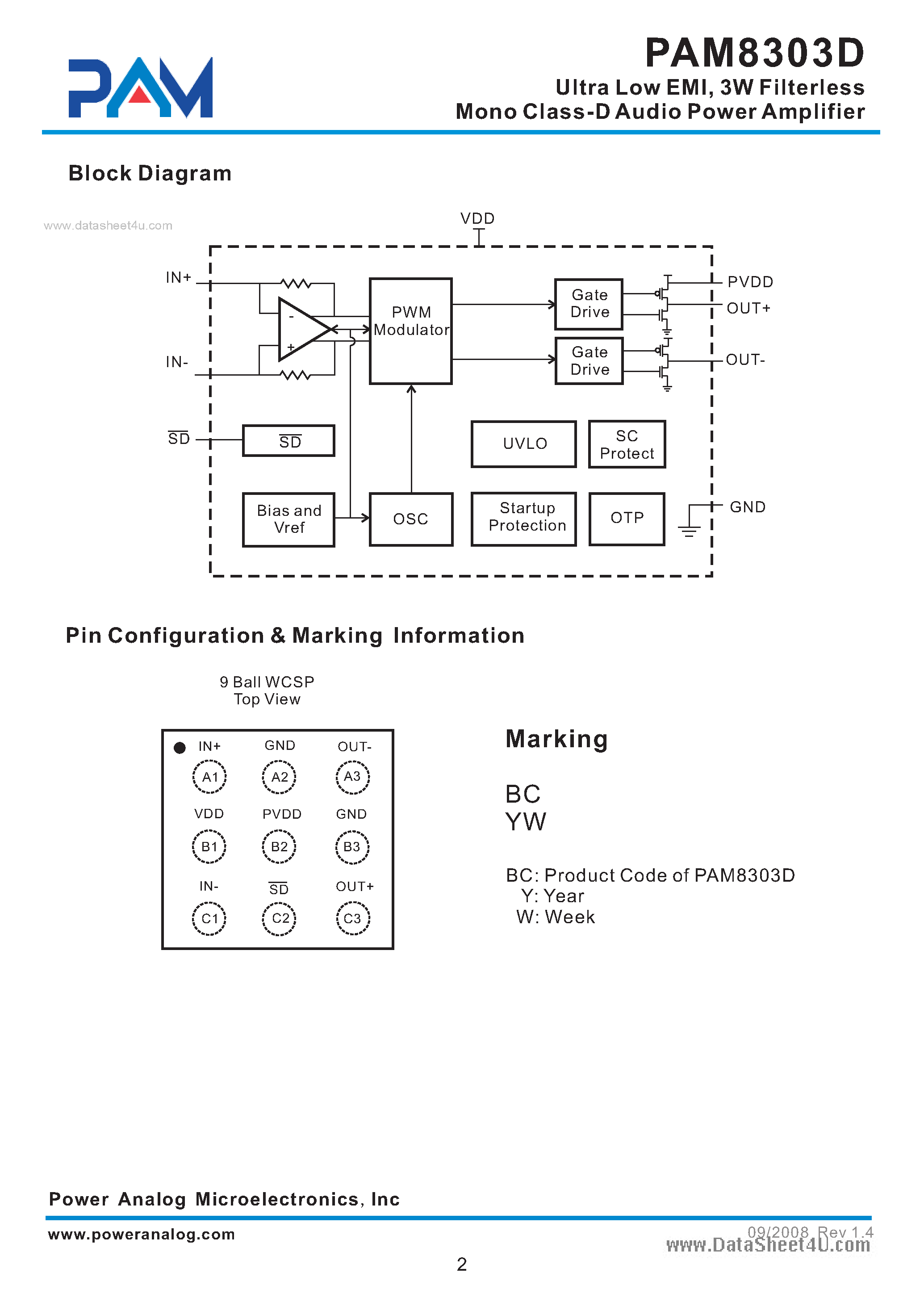 Даташит PAM8303D - 3W Filterless Mono Class-D Audio Power Amplifier страница 2