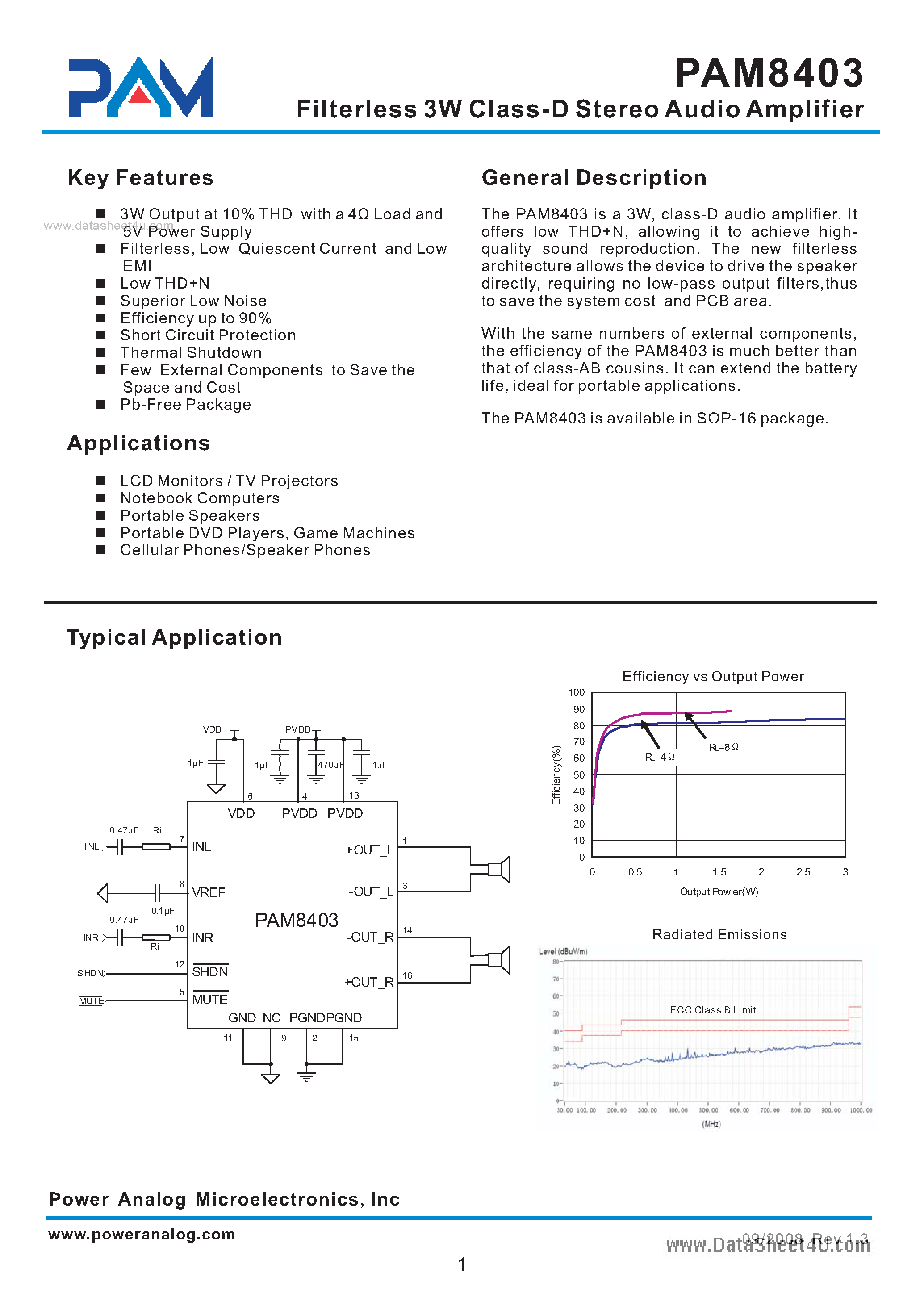 Даташит PAM8403 - Filterless 3W Class-D Stereo Audio Amplifier страница 1
