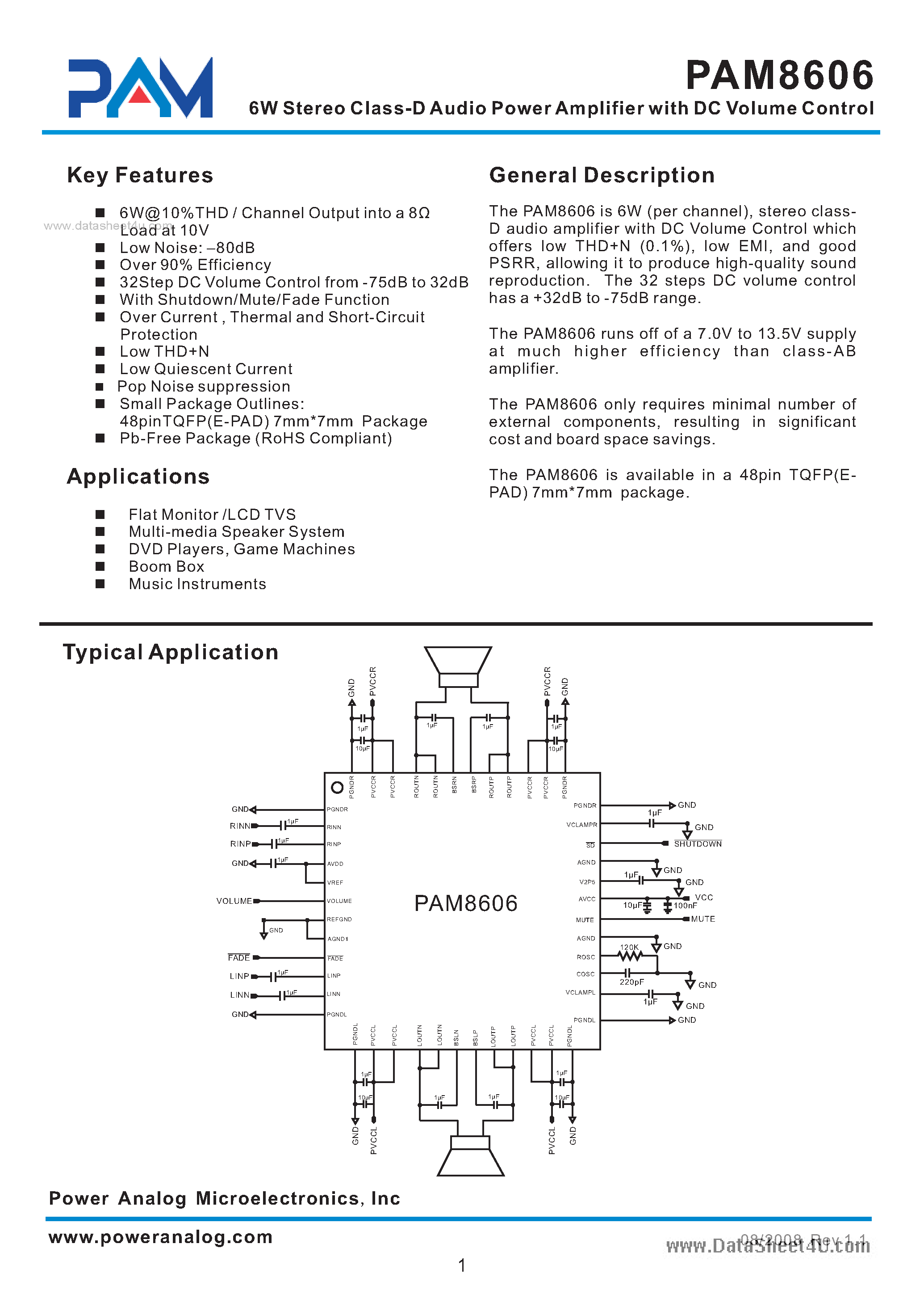 Даташит на микросхему PAM8606 страница 1 Даташит PAM8606 - 6W Stereo Class-D Audio Power Amplifier страница 1