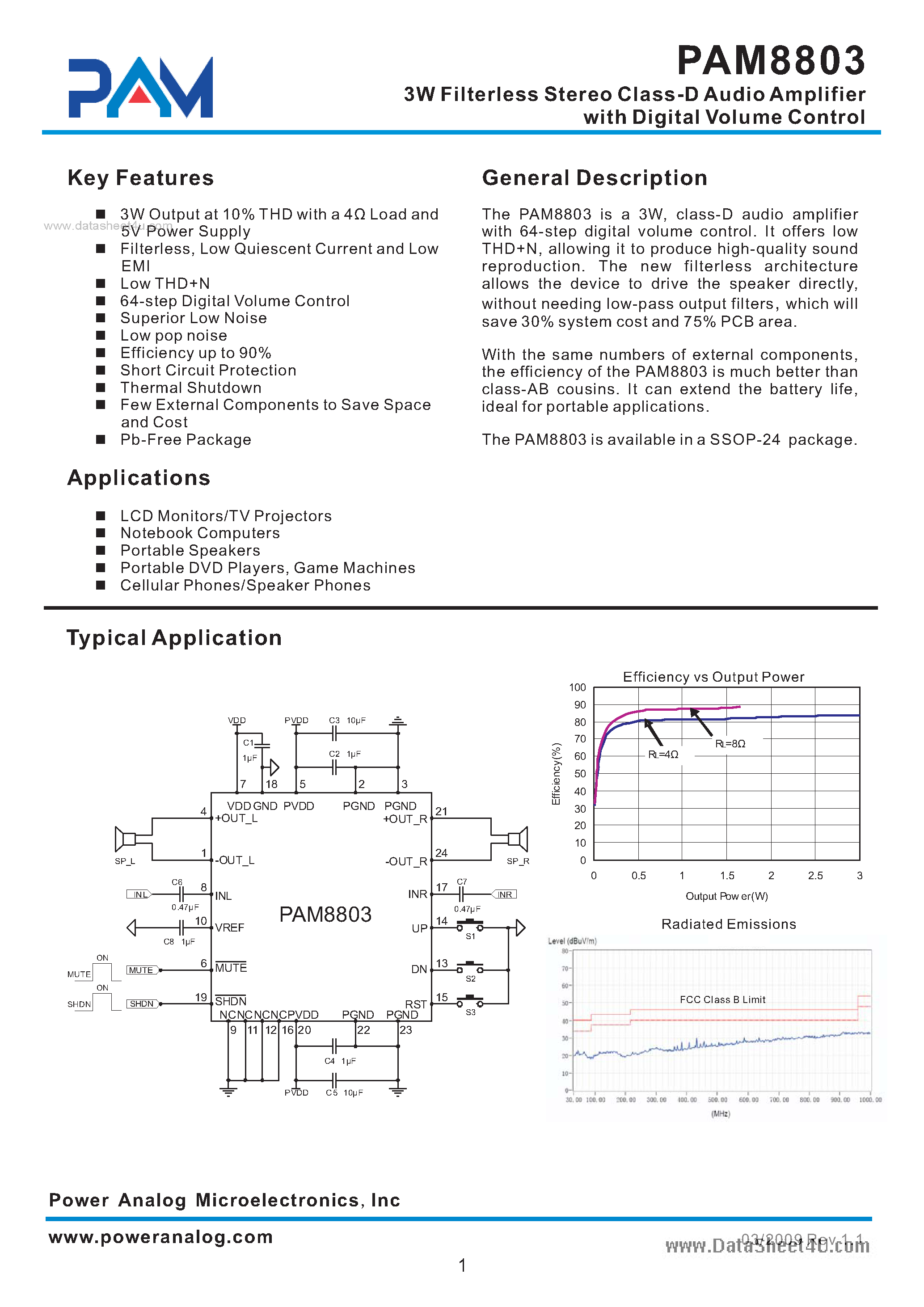 Даташит PAM8803 - 3W Filterless Stereo Class-D Audio Amplifier страница 1