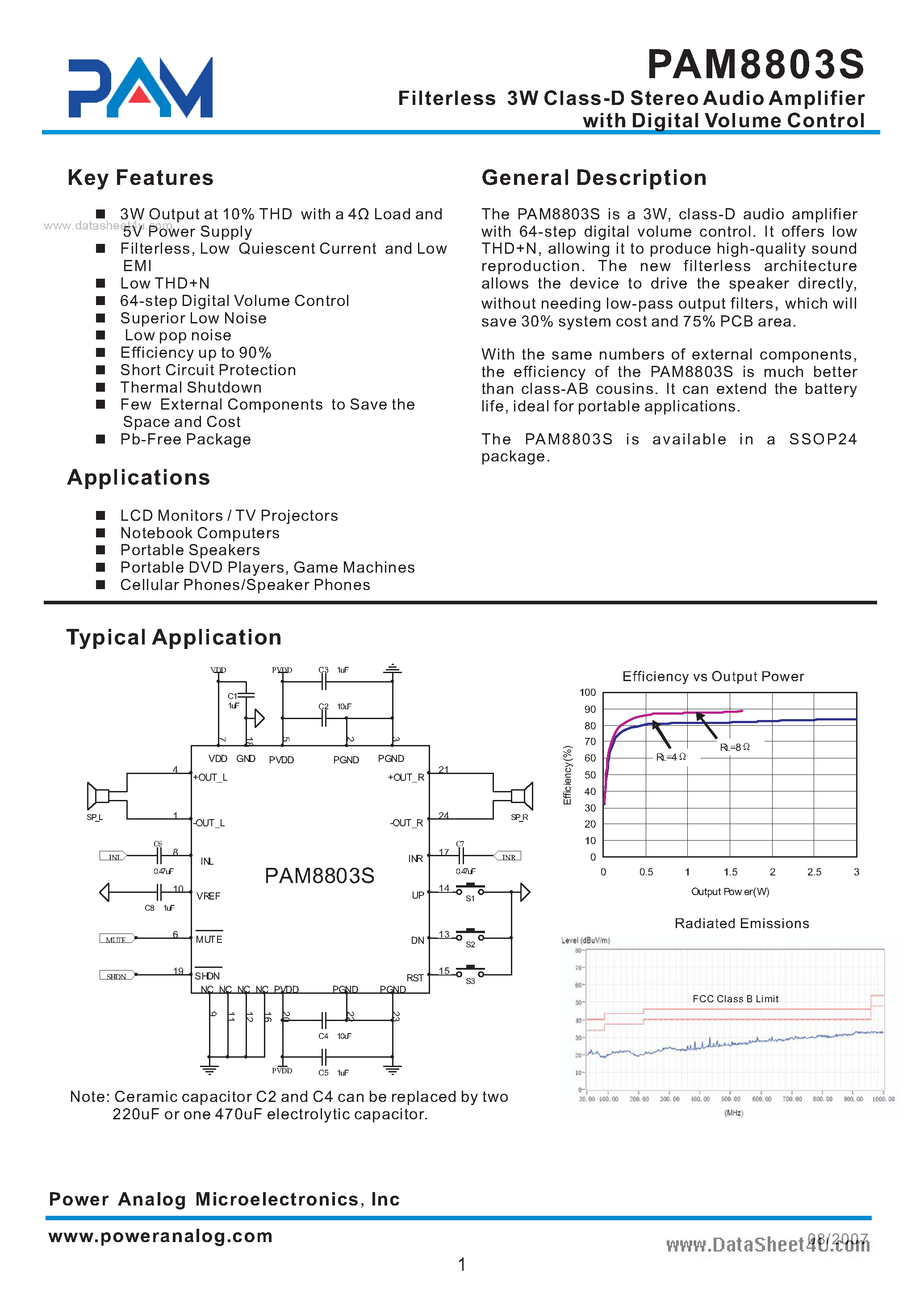 Даташит PAM8803S - 3W Filterless Stereo Class-D Audio Amplifier страница 1