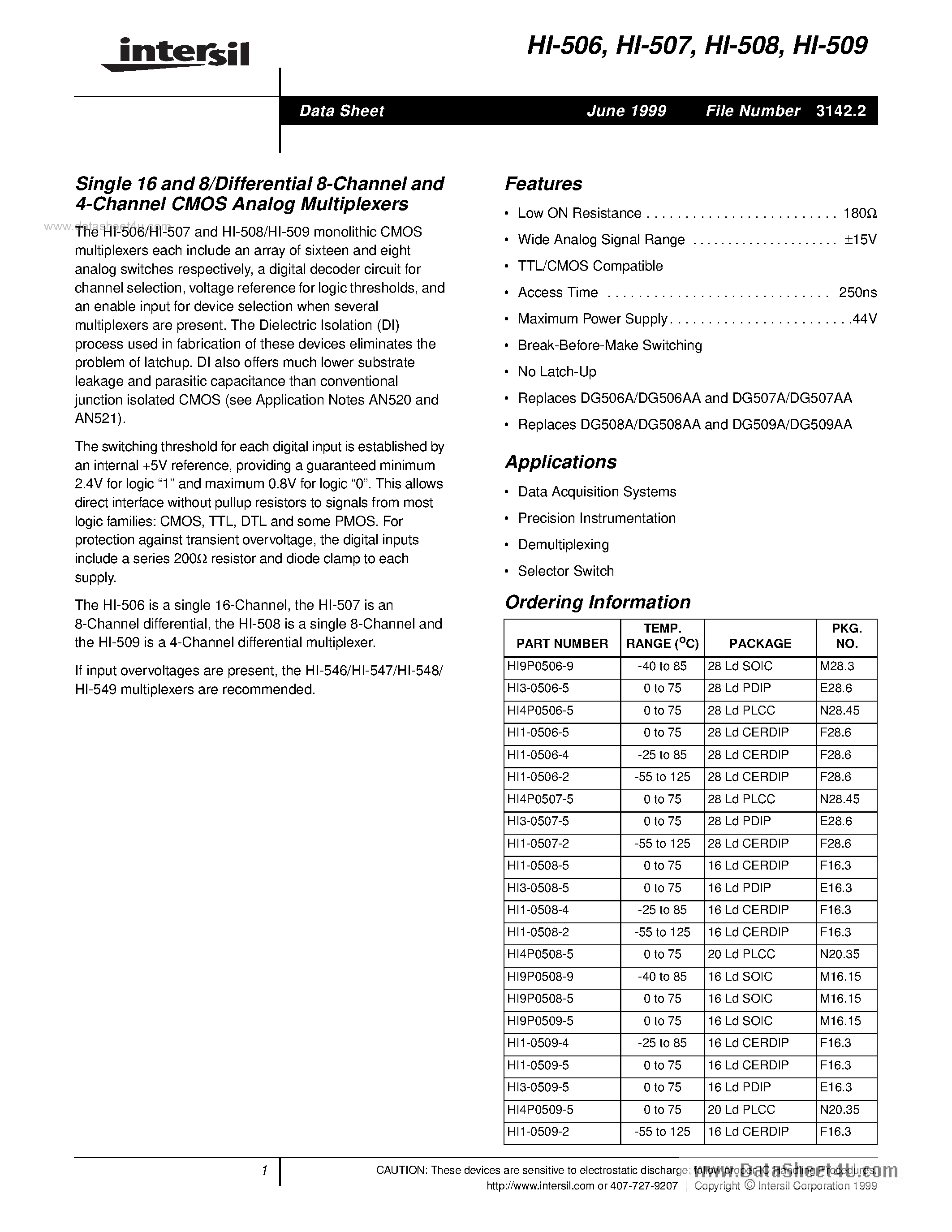 Datasheet HI506 - (HI506 - HI509) Single 16 and 8/Differential 8-Channel and 4-Channel CMOS Analog Multiplexers page 1