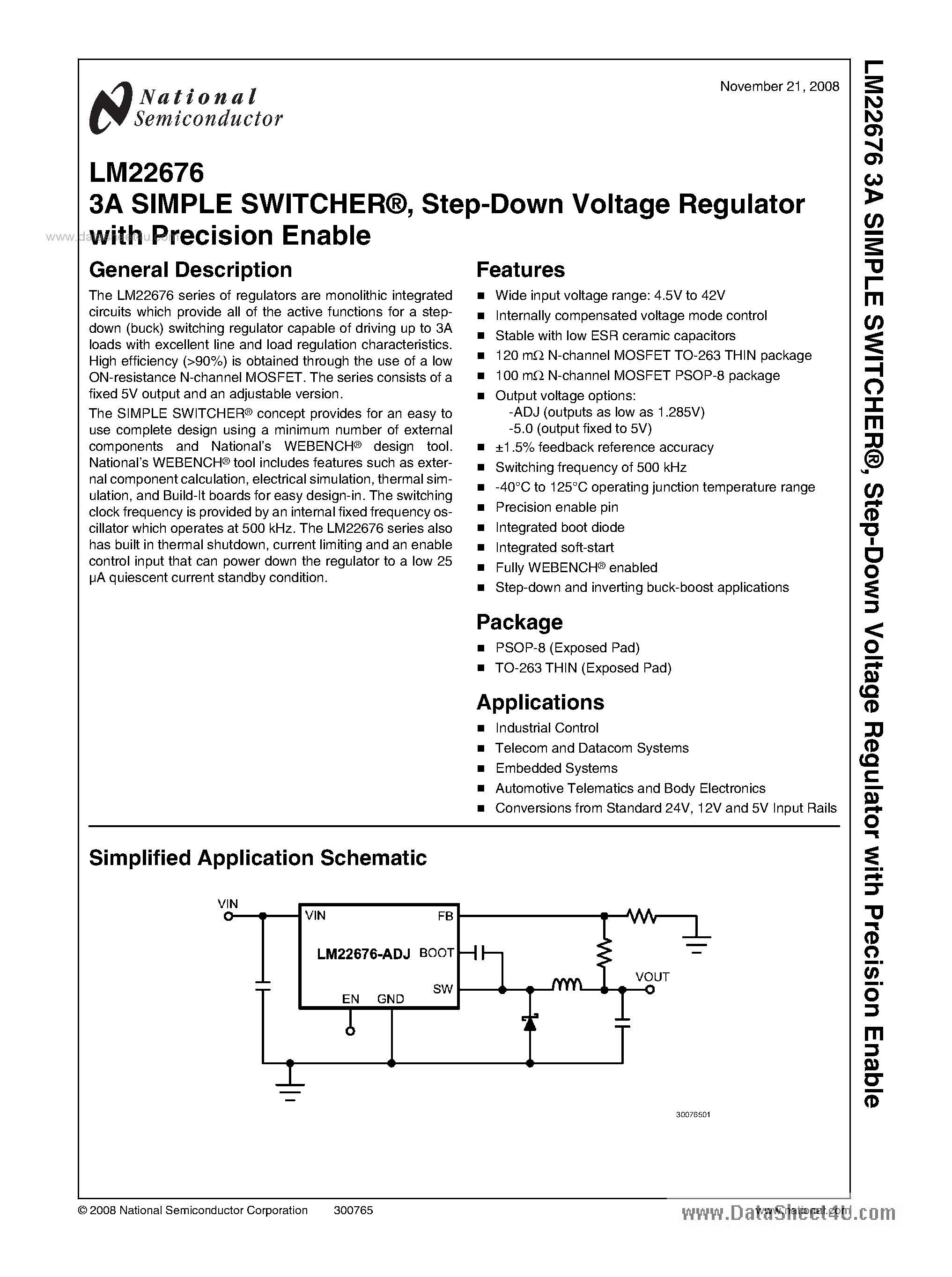 Datasheet LM22676 - 3A SIMPLE SWITCHER Step-Down Voltage Regulator page 1