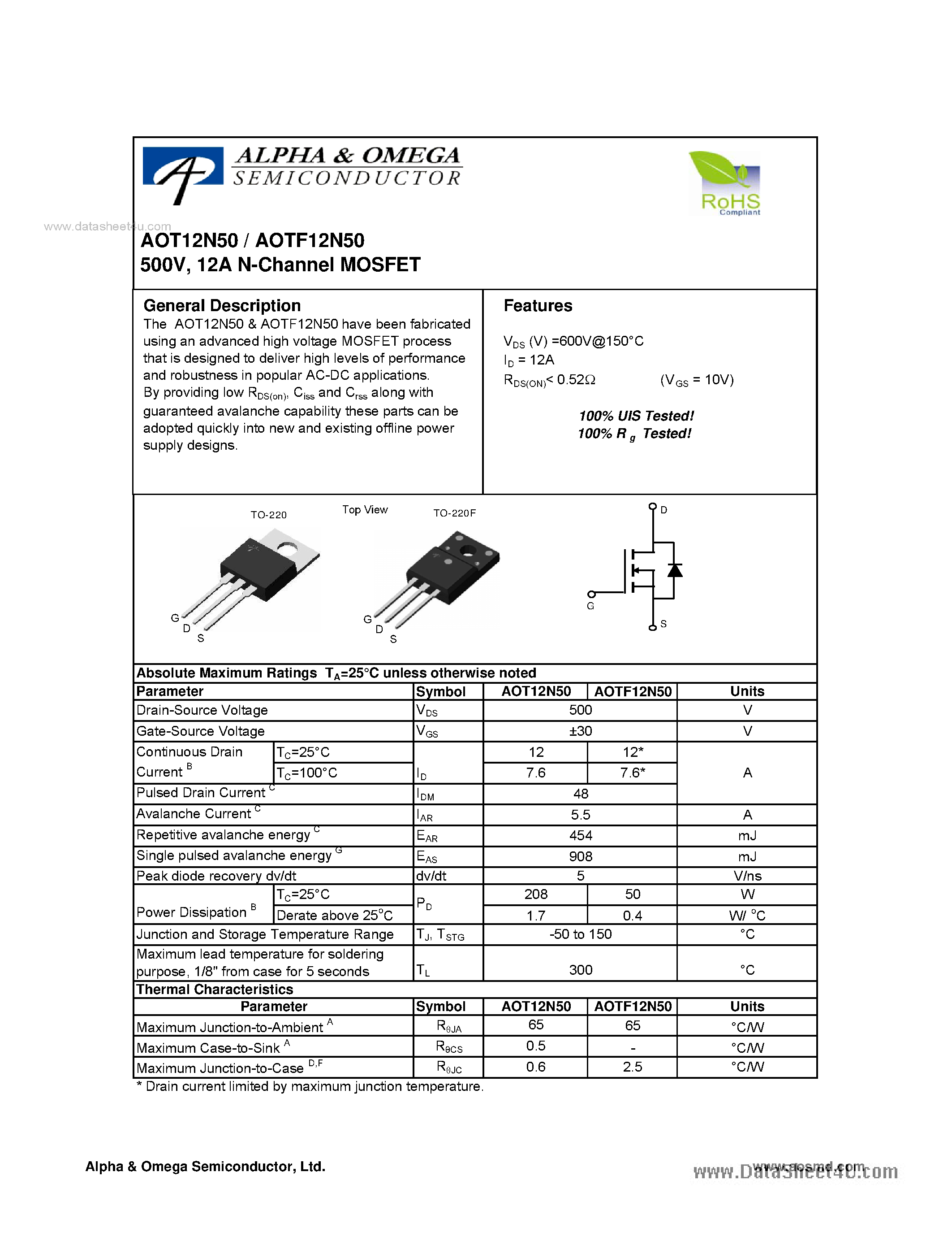 Datasheet AOT12N50 - 12A N-Channel MOSFET page 1