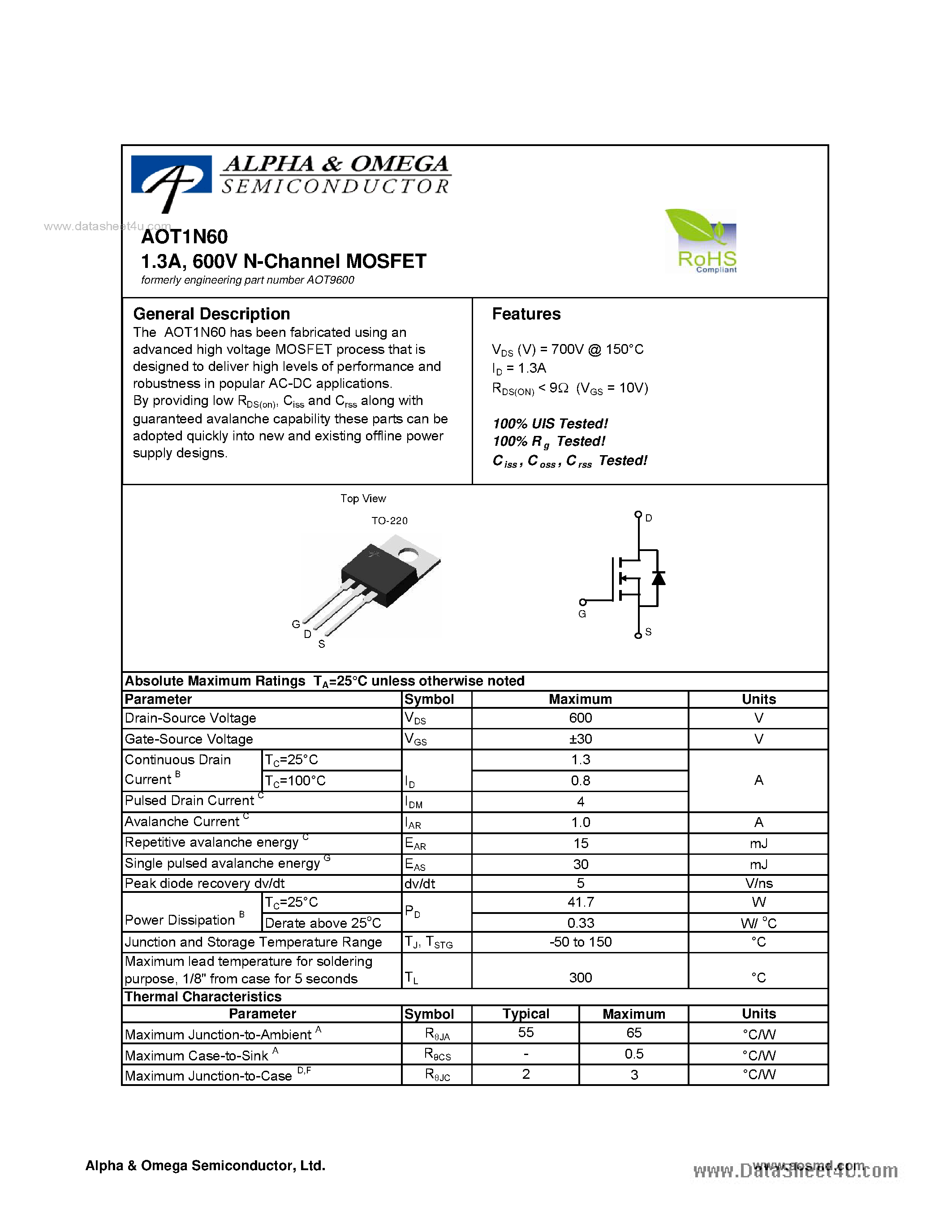 Datasheet AOT1N60 - 600V N-Channel MOSFET page 1