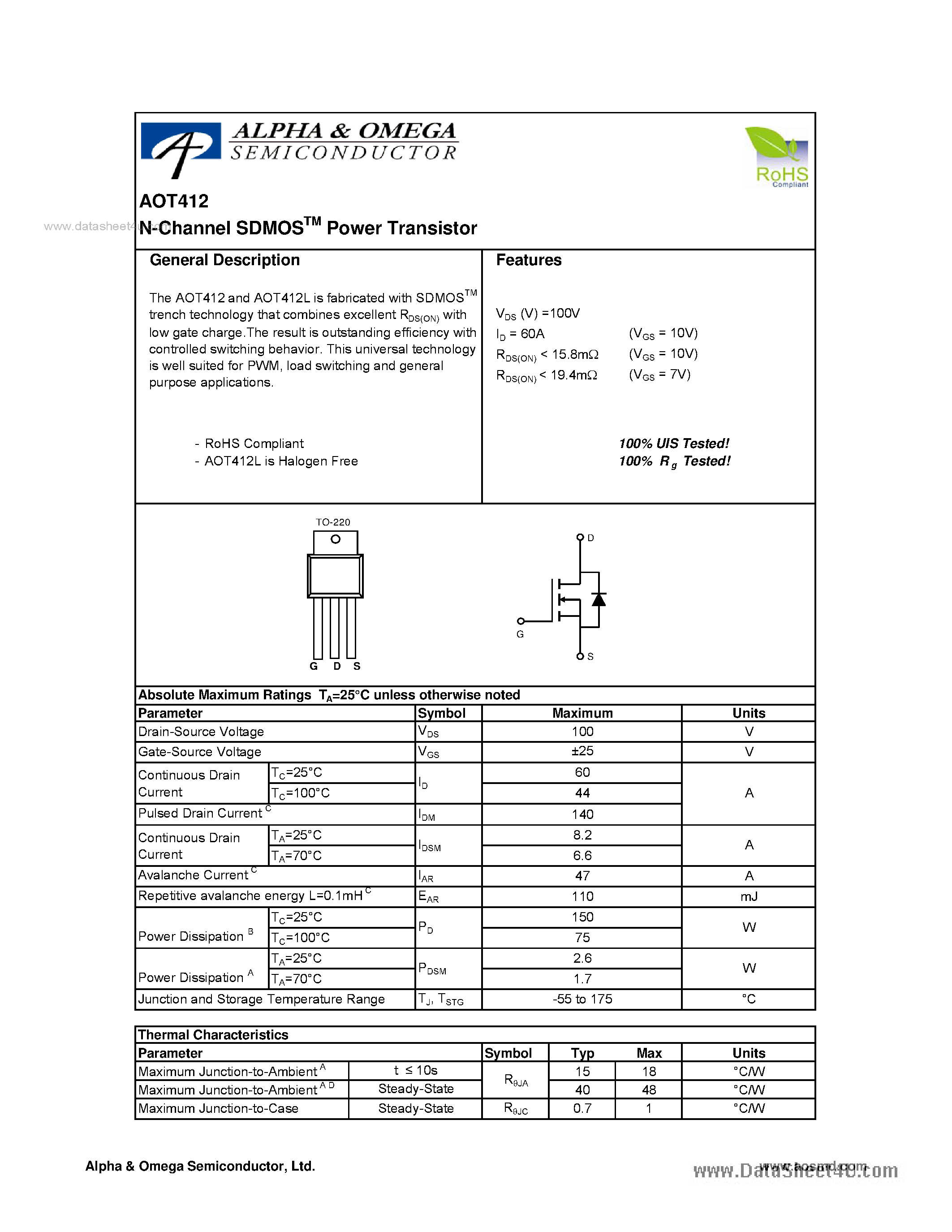 Datasheet AOT412 - N-Channel SDMOSTM Power Transistor page 1