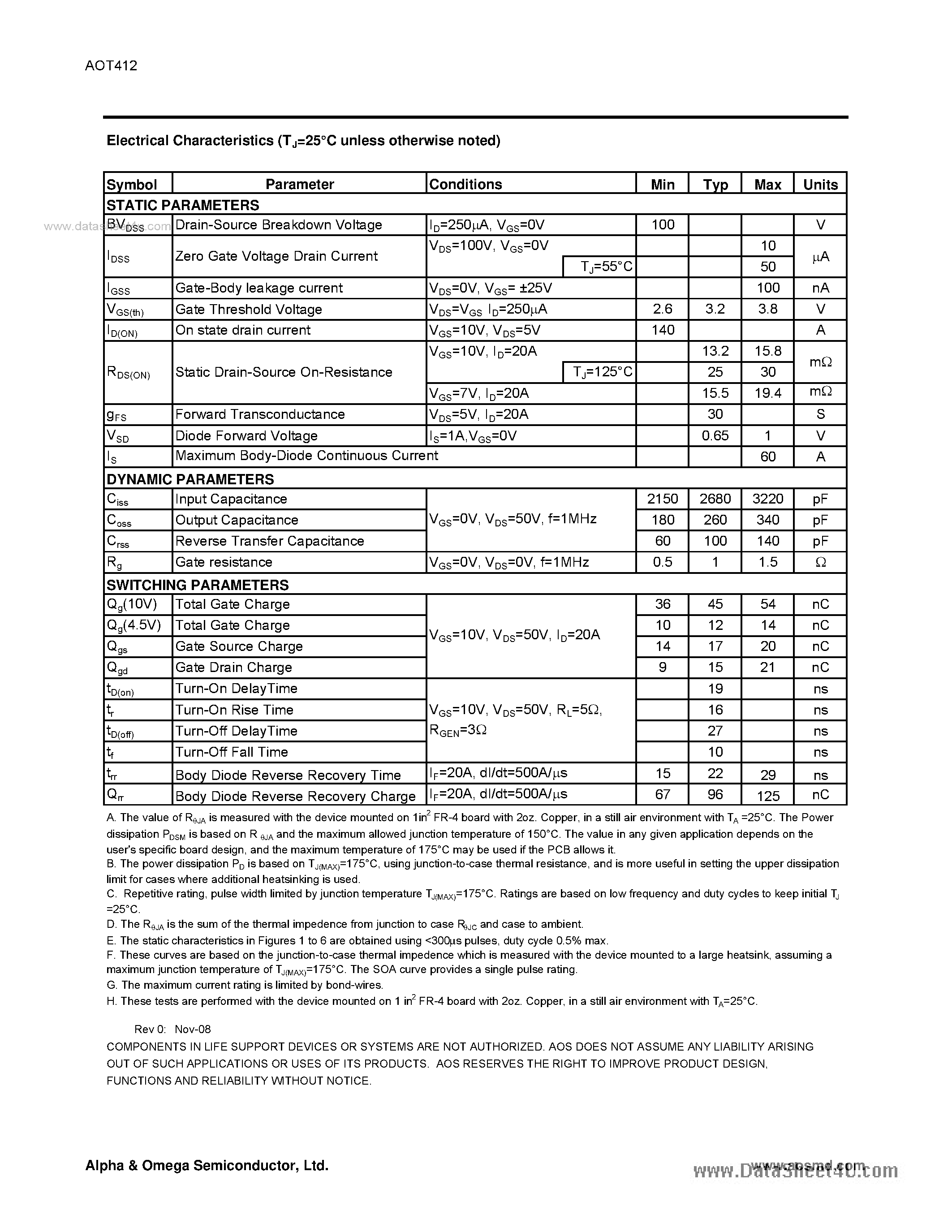 Datasheet AOT412 - N-Channel SDMOSTM Power Transistor page 2