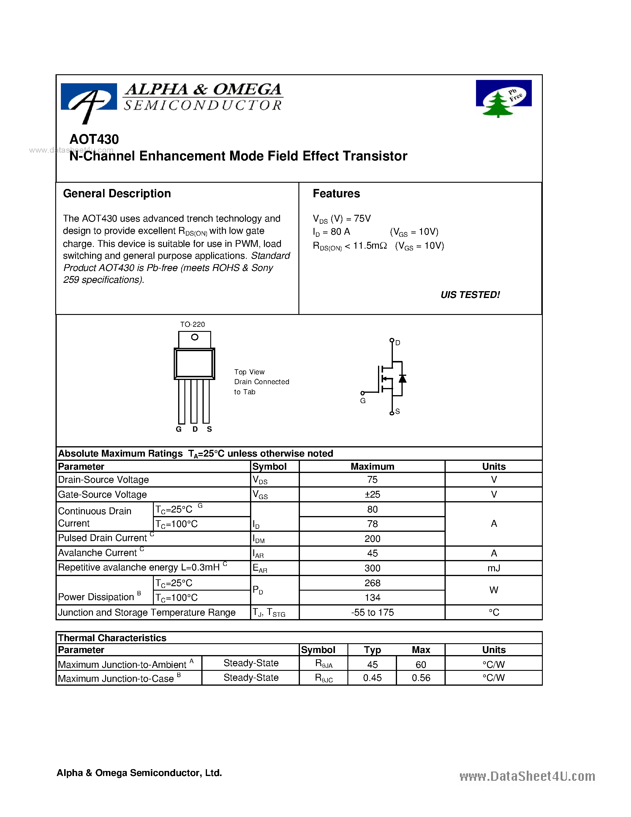 Datasheet AOT430 - N-Channel Enhancement Mode Field Effect Transistor page 1