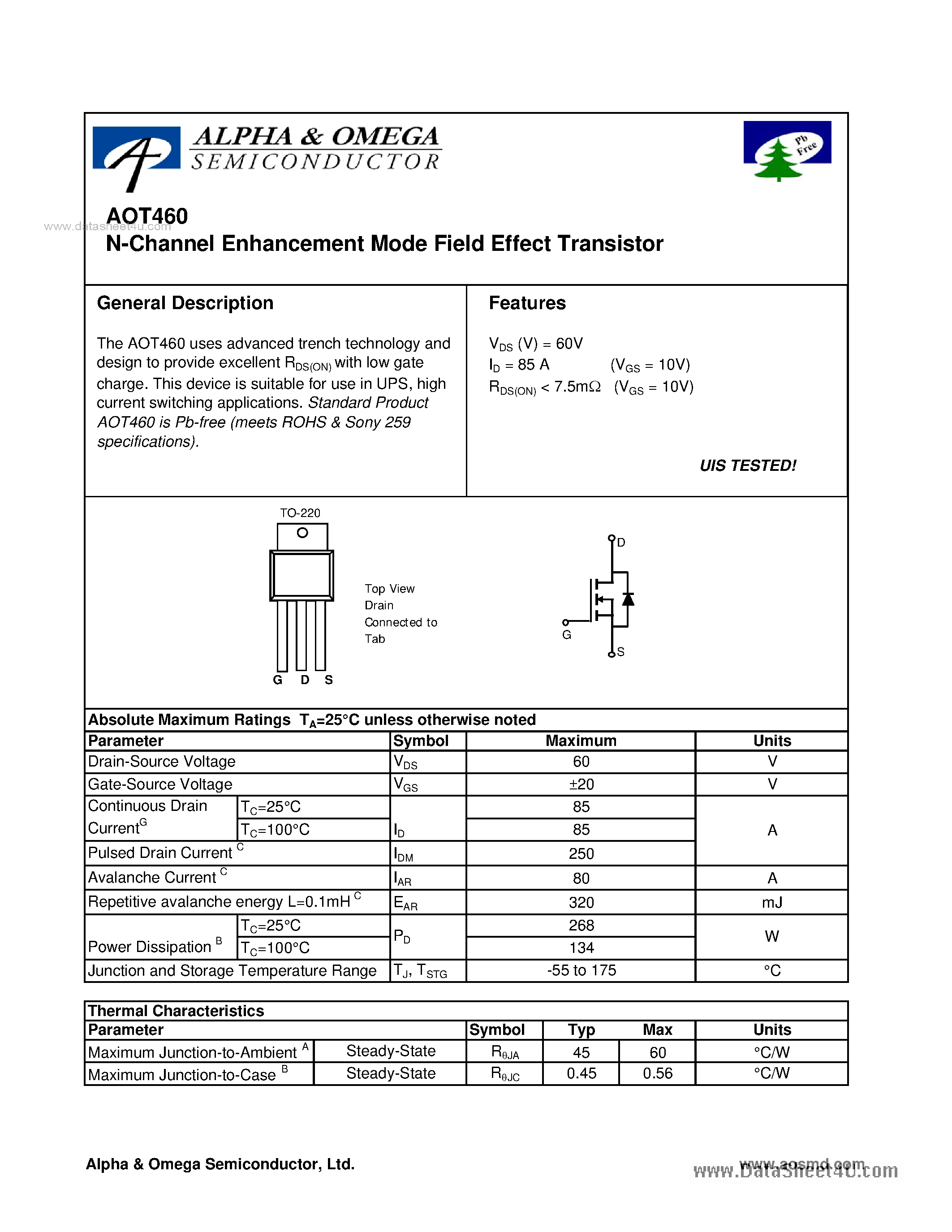 Datasheet AOT460 - N-Channel Enhancement Mode Field Effect Transistor page 1