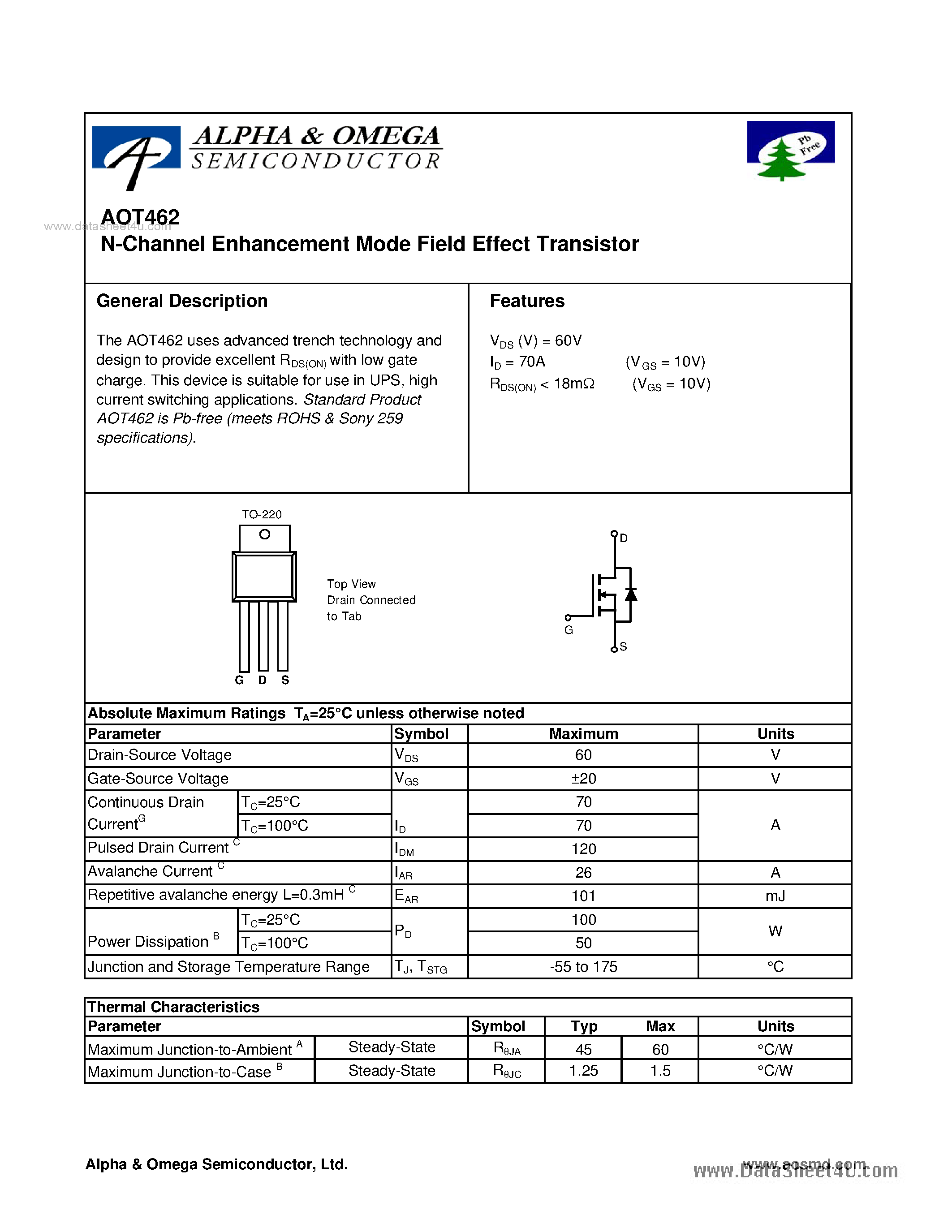 Datasheet AOT462 - N-Channel Enhancement Mode Field Effect Transistor page 1