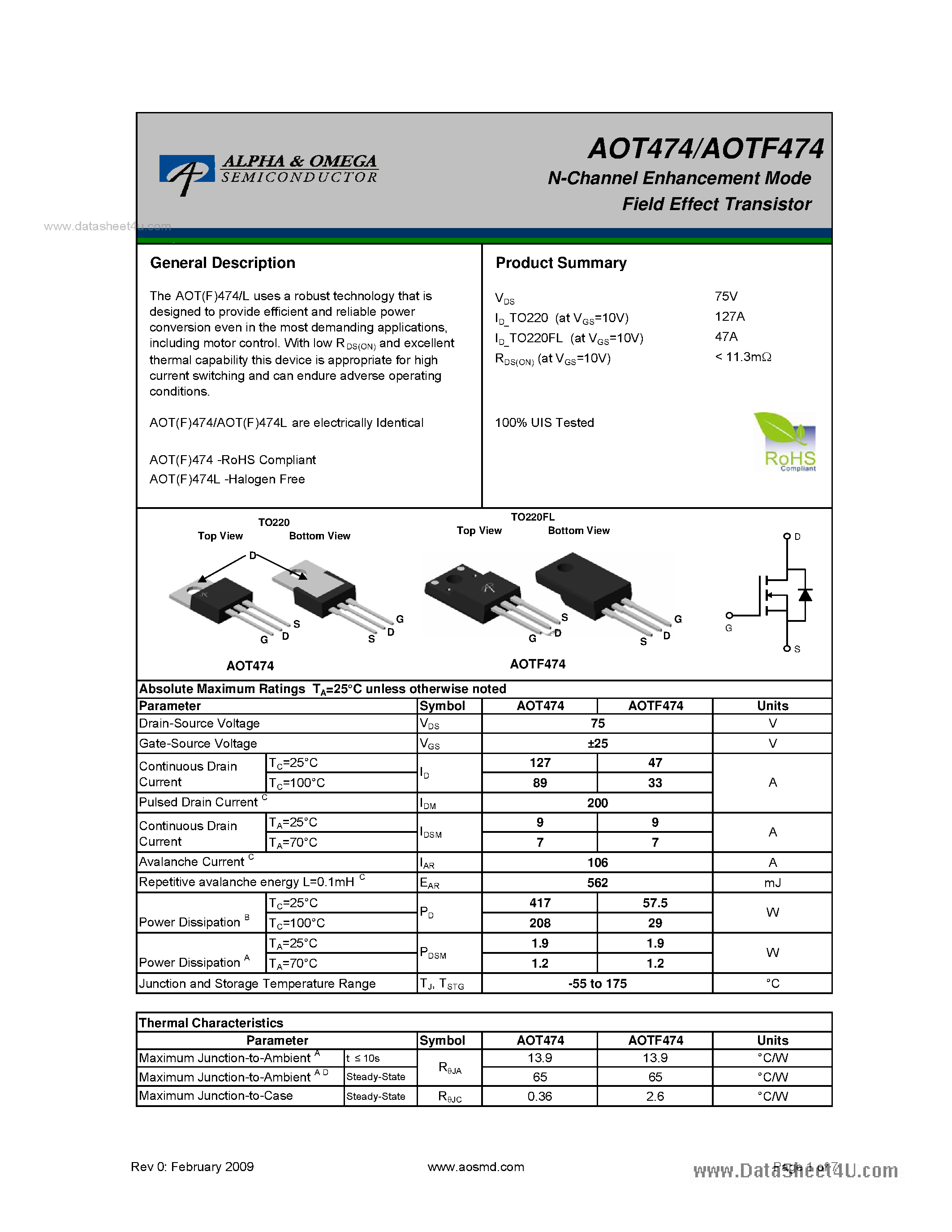 Datasheet AOT474 - N-Channel Enhancement Mode Field Effect Transistor page 1