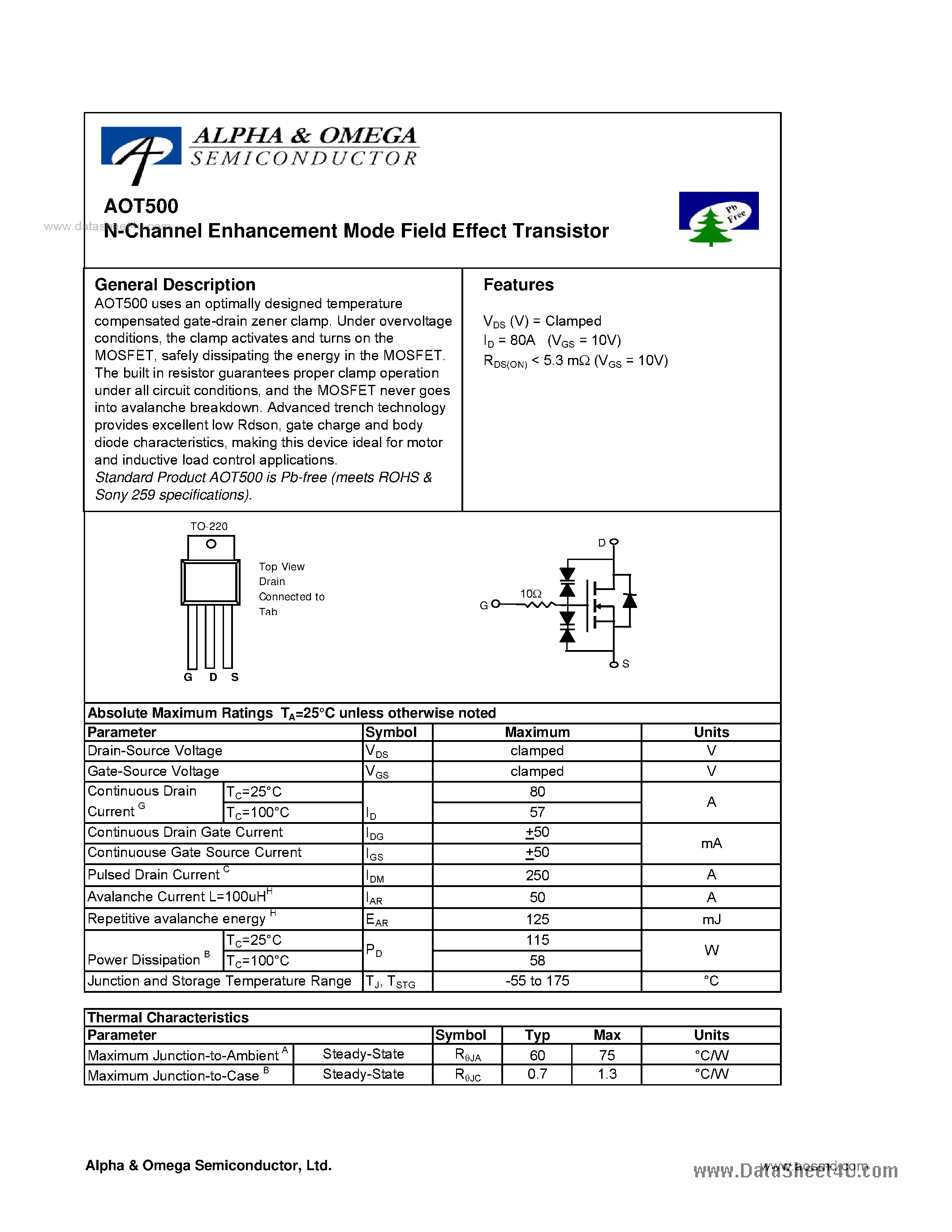 Datasheet AOT500 - N-Channel Enhancement Mode Field Effect Transistor page 1