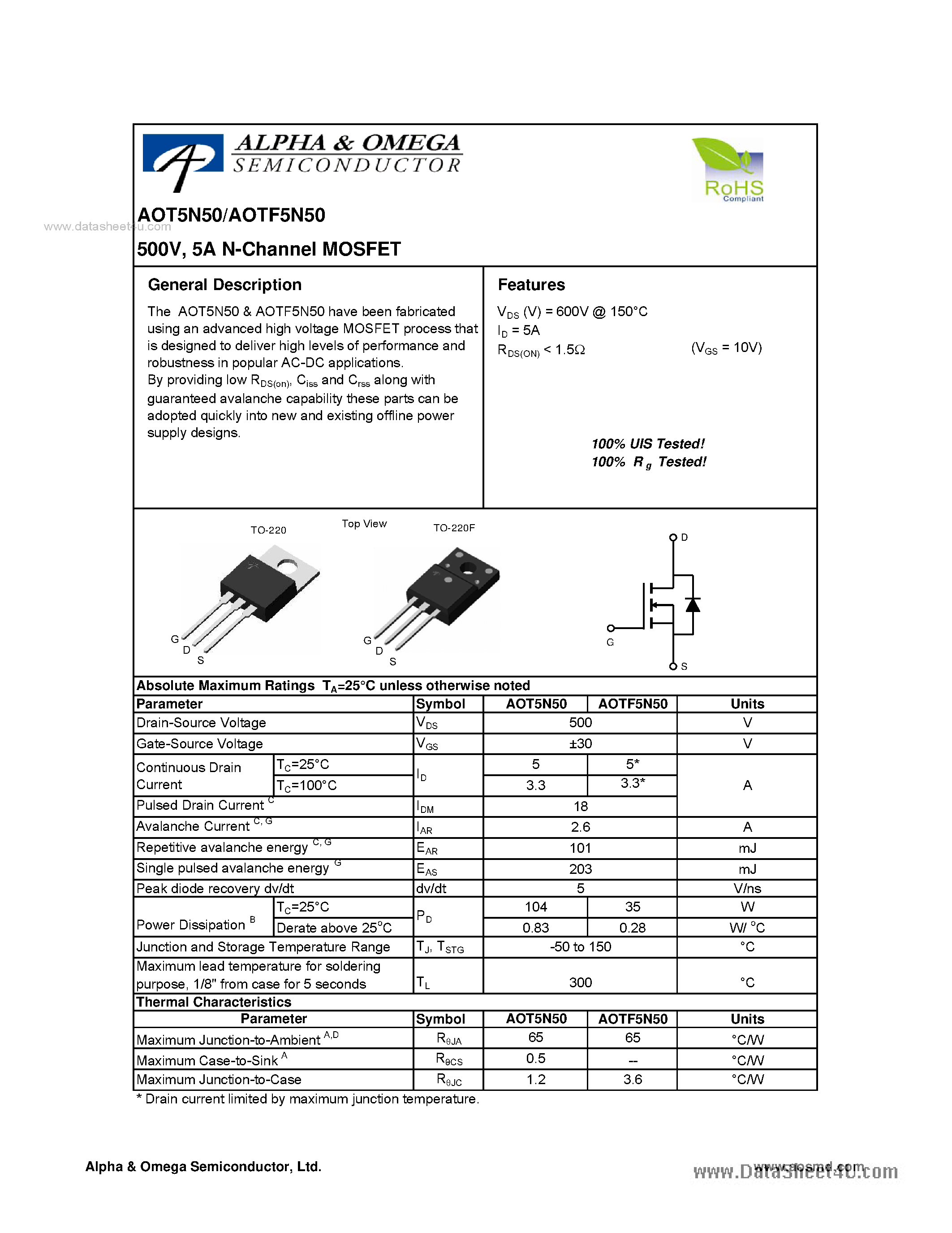 Datasheet AOT5N50 - 5A N-Channel MOSFET page 1