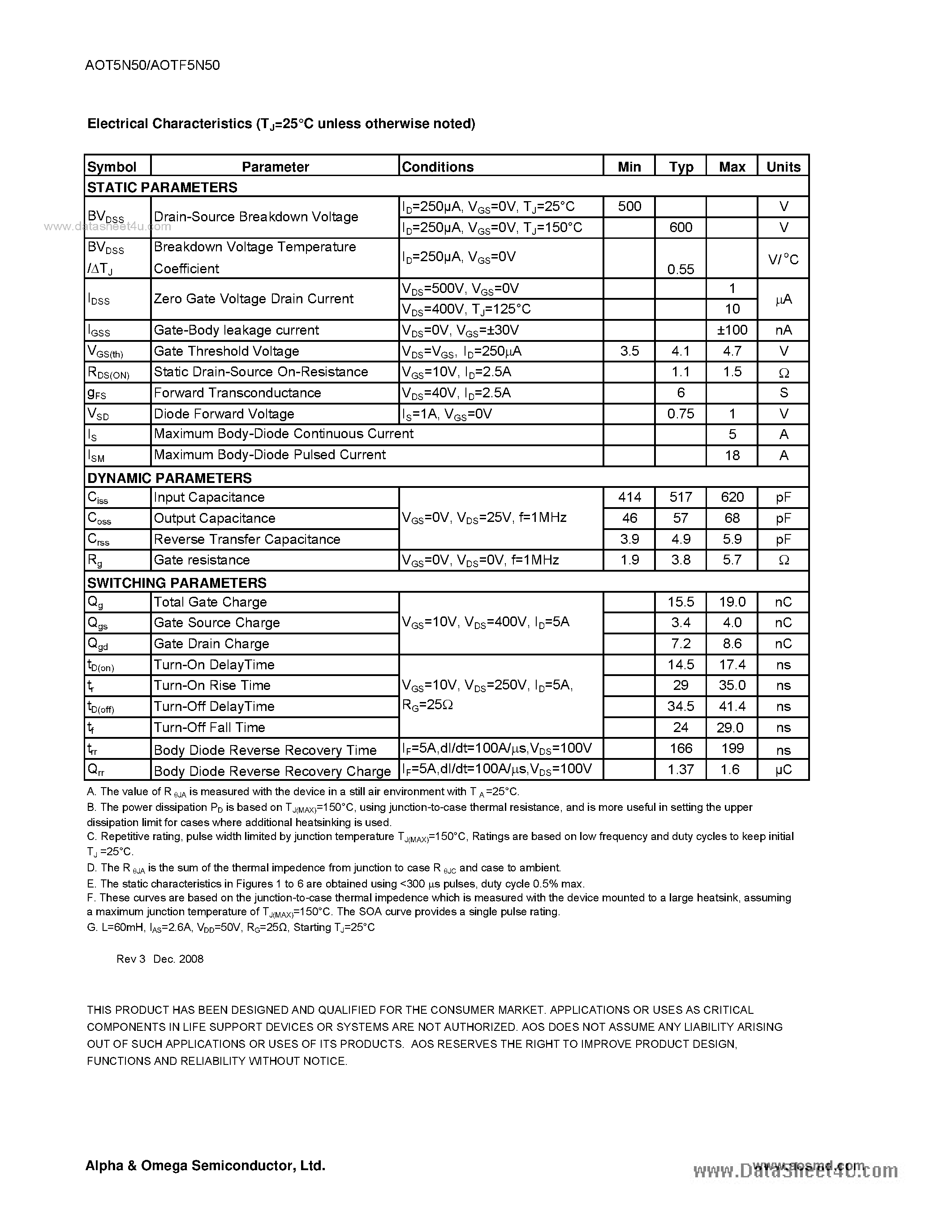 Datasheet AOT5N50 - 5A N-Channel MOSFET page 2