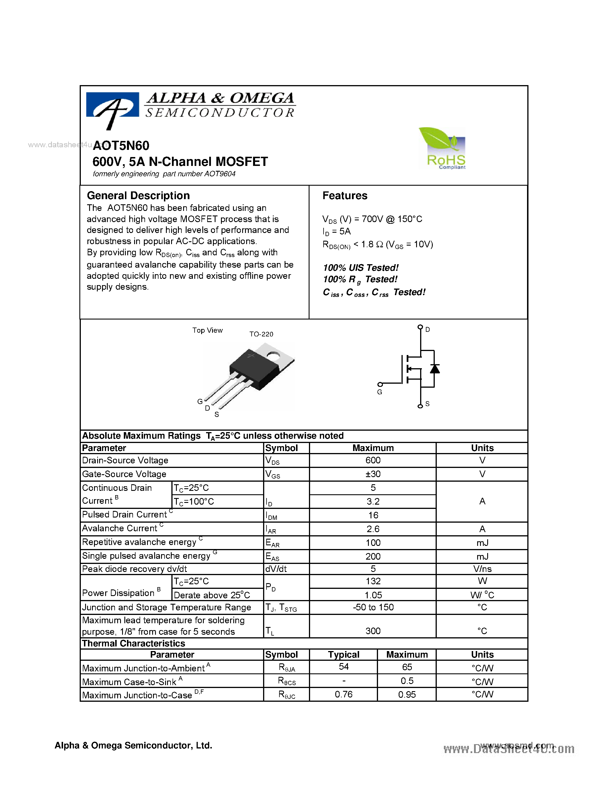 Datasheet AOT5N60 - 5A N-Channel MOSFET page 1