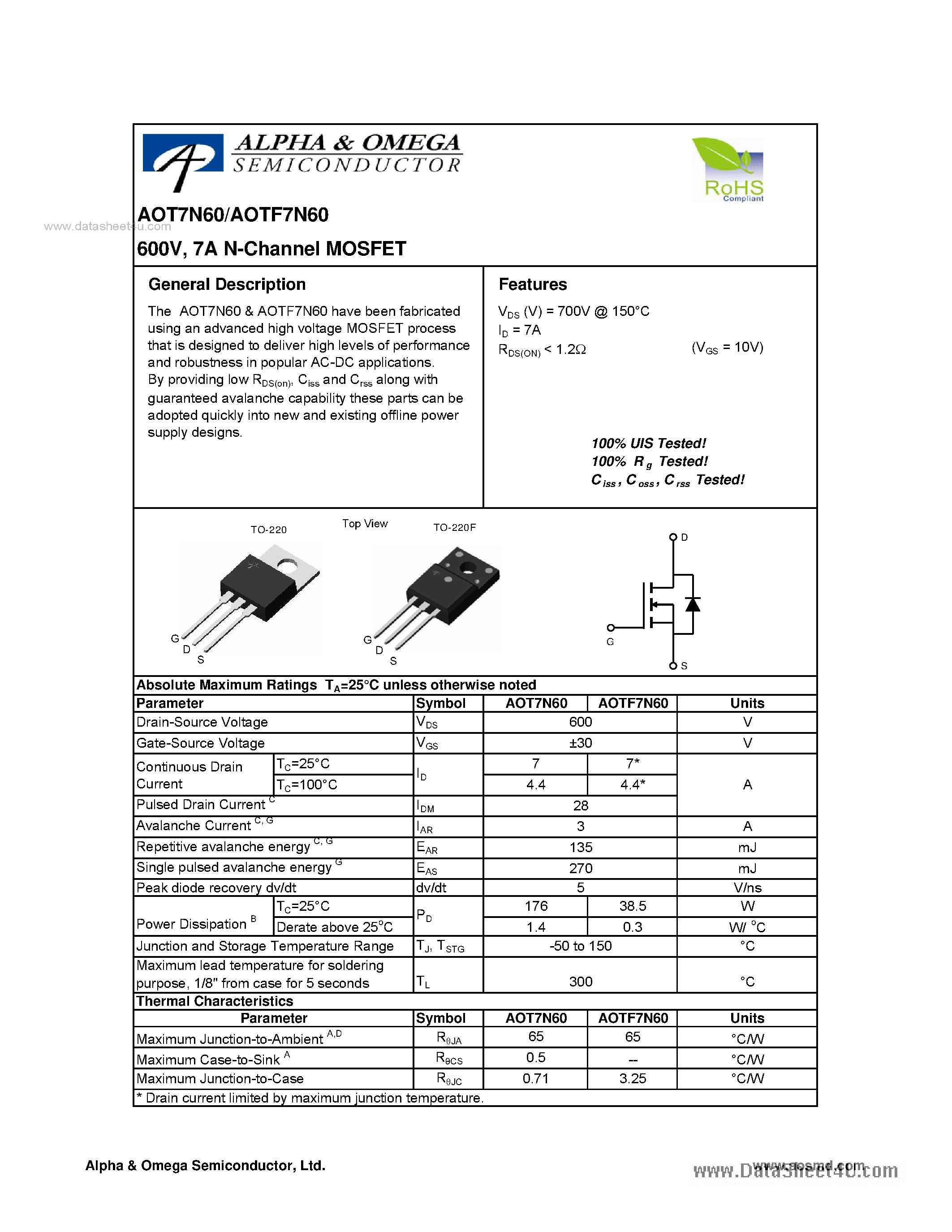 Datasheet AOT7N60 - 7A N-Channel MOSFET page 1