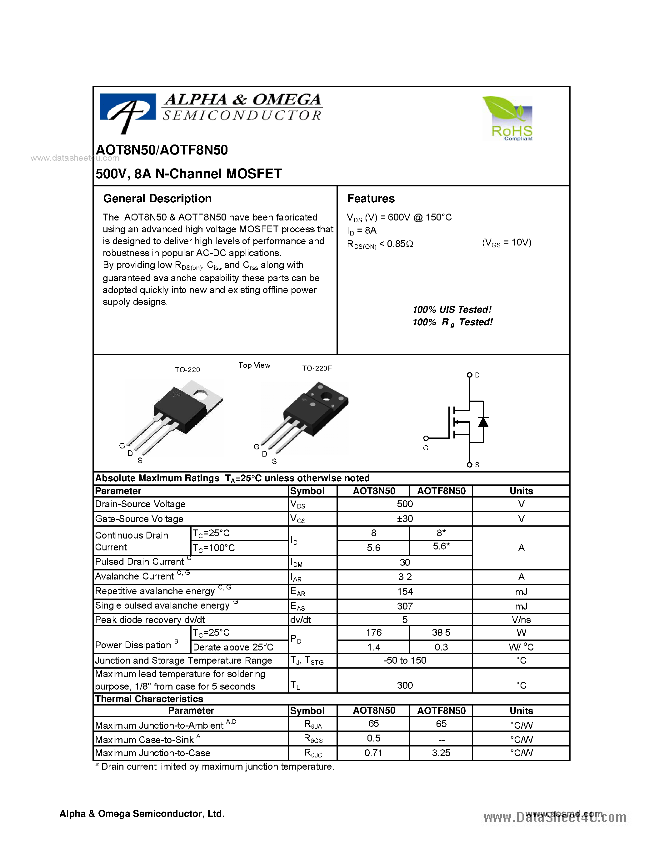 Datasheet AOT8N50 - 8A N-Channel MOSFET page 1