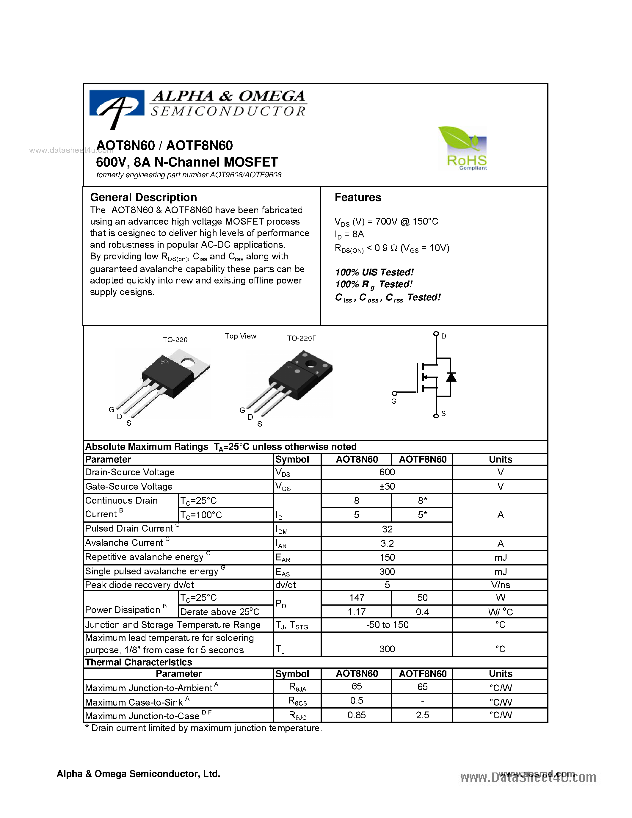 Datasheet AOT8N60 - 8A N-Channel MOSFET page 1