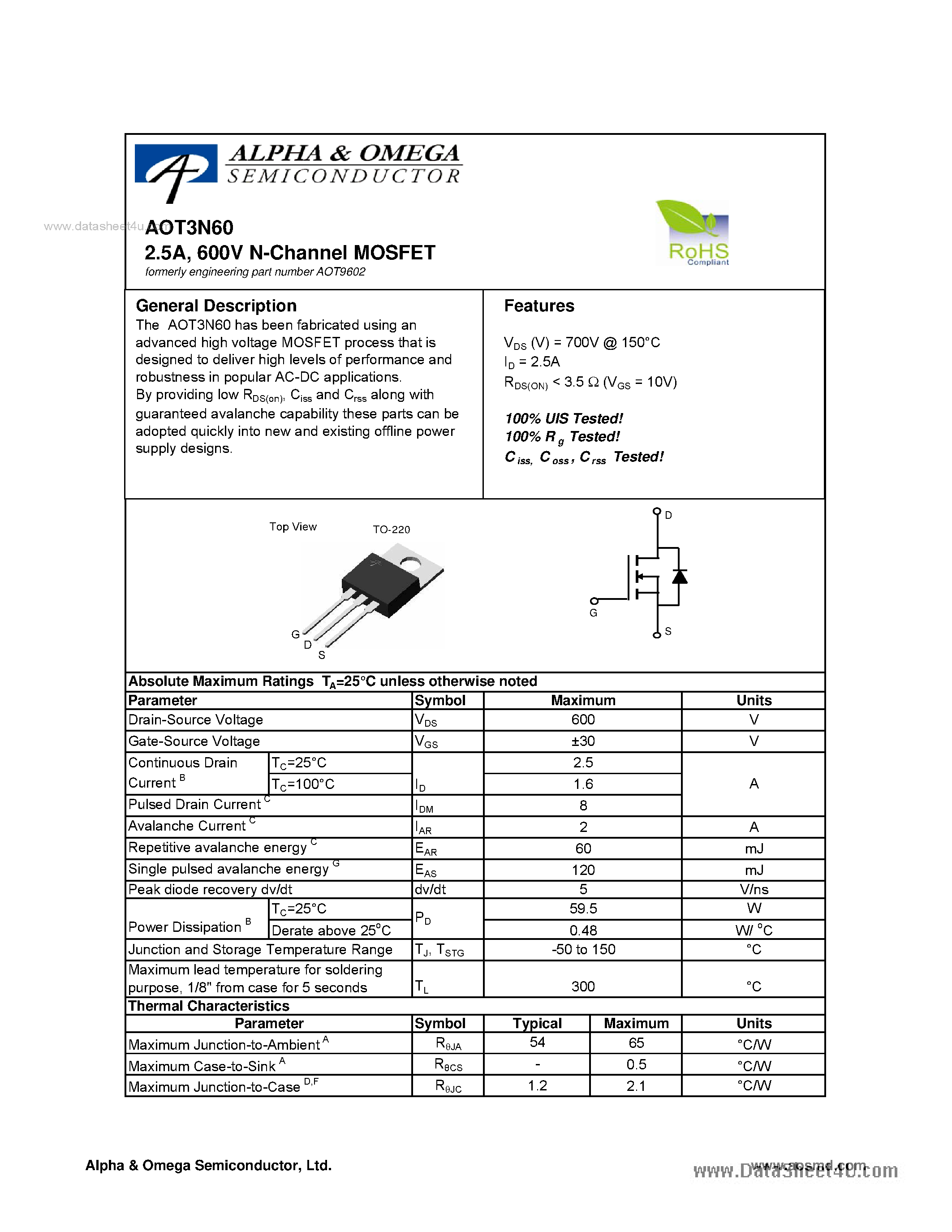 Datasheet AOT9602 - 600V N-Channel MOSFET page 1