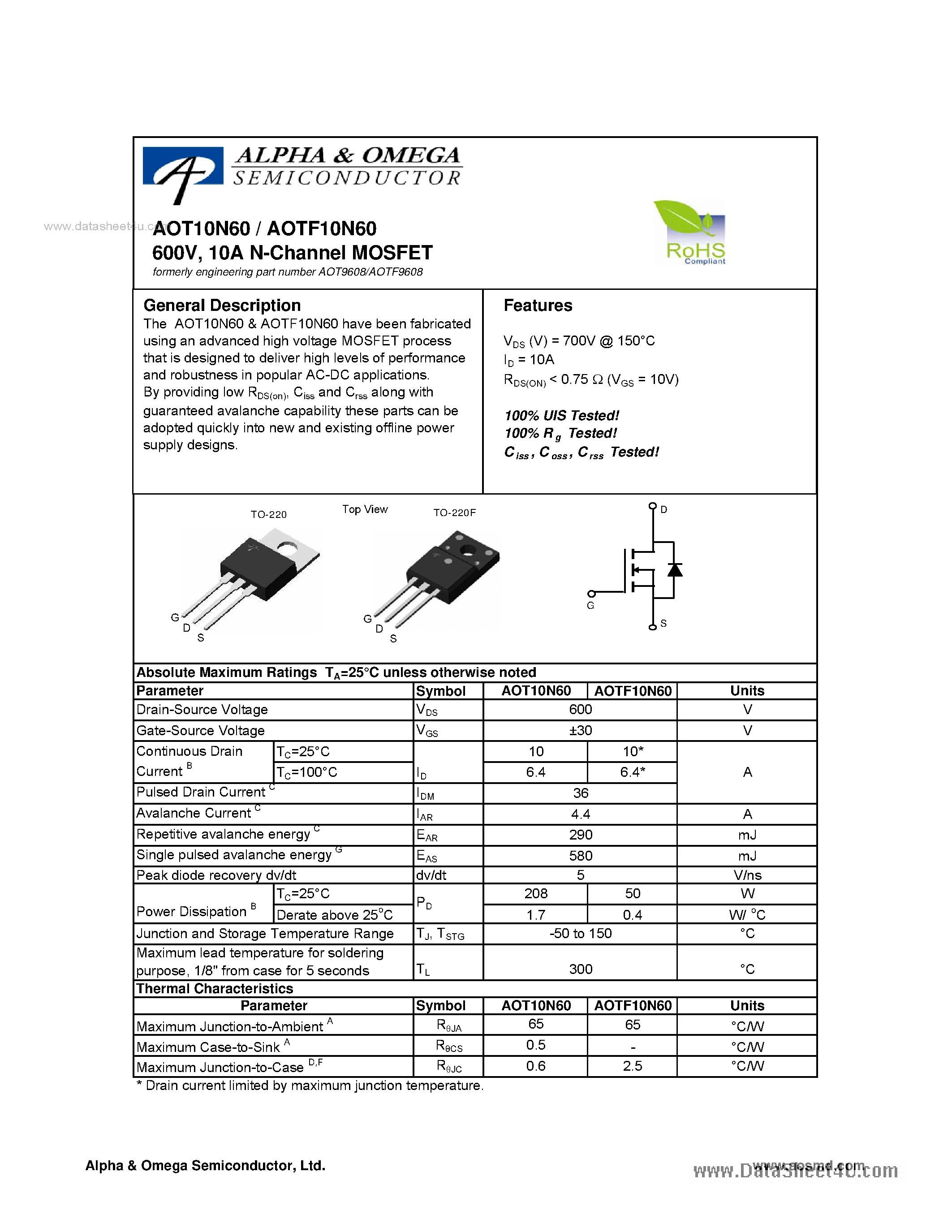 Datasheet AOT9608 - 10A N-Channel MOSFET page 1