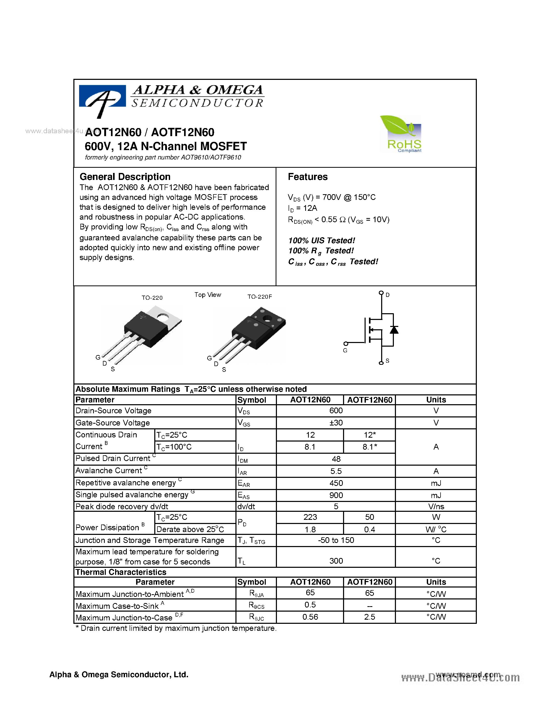 Datasheet AOT9610 - 12A N-Channel MOSFET page 1