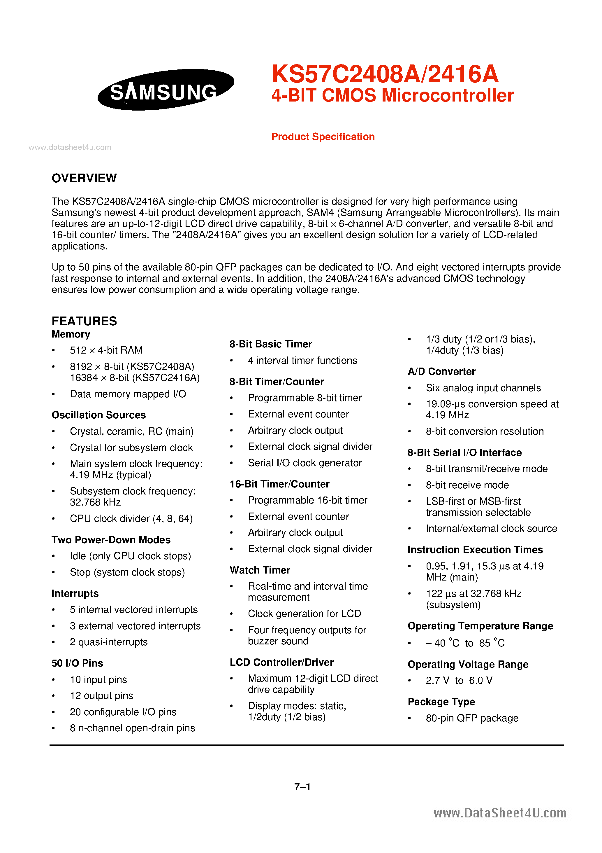 Datasheet KS57C2408A - (KS57C2408A / KS57C2416A) 4-BIT CMOS Microcontroller page 1