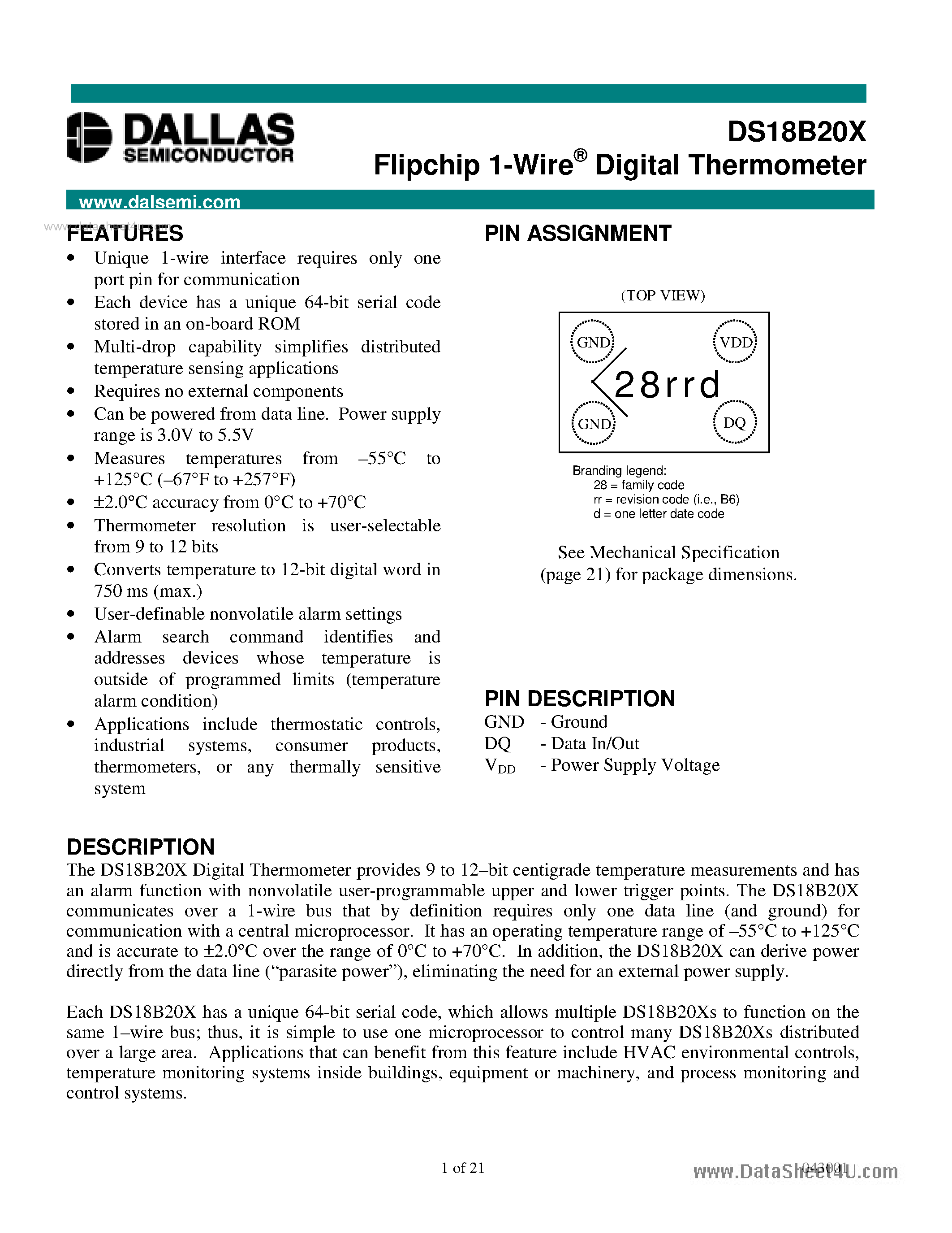 Datasheet DS18B20X - Flipchip 1-Wire Digital Thermometer page 1