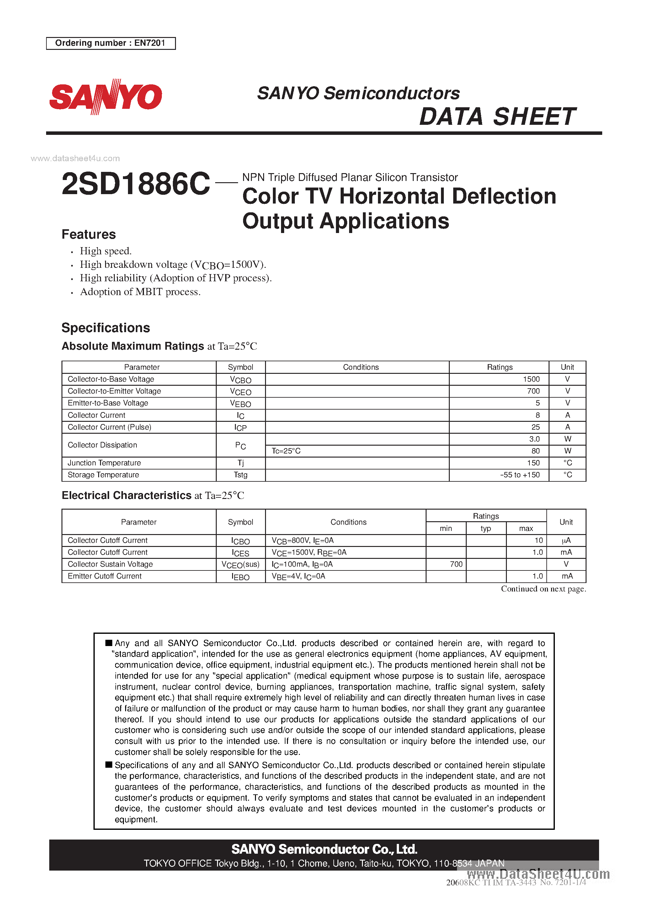 Datasheet 2SD1886C - NPN Triple Diffused Planar Silicon Transistor Color TV Horizontal Deflection Output Applications page 1