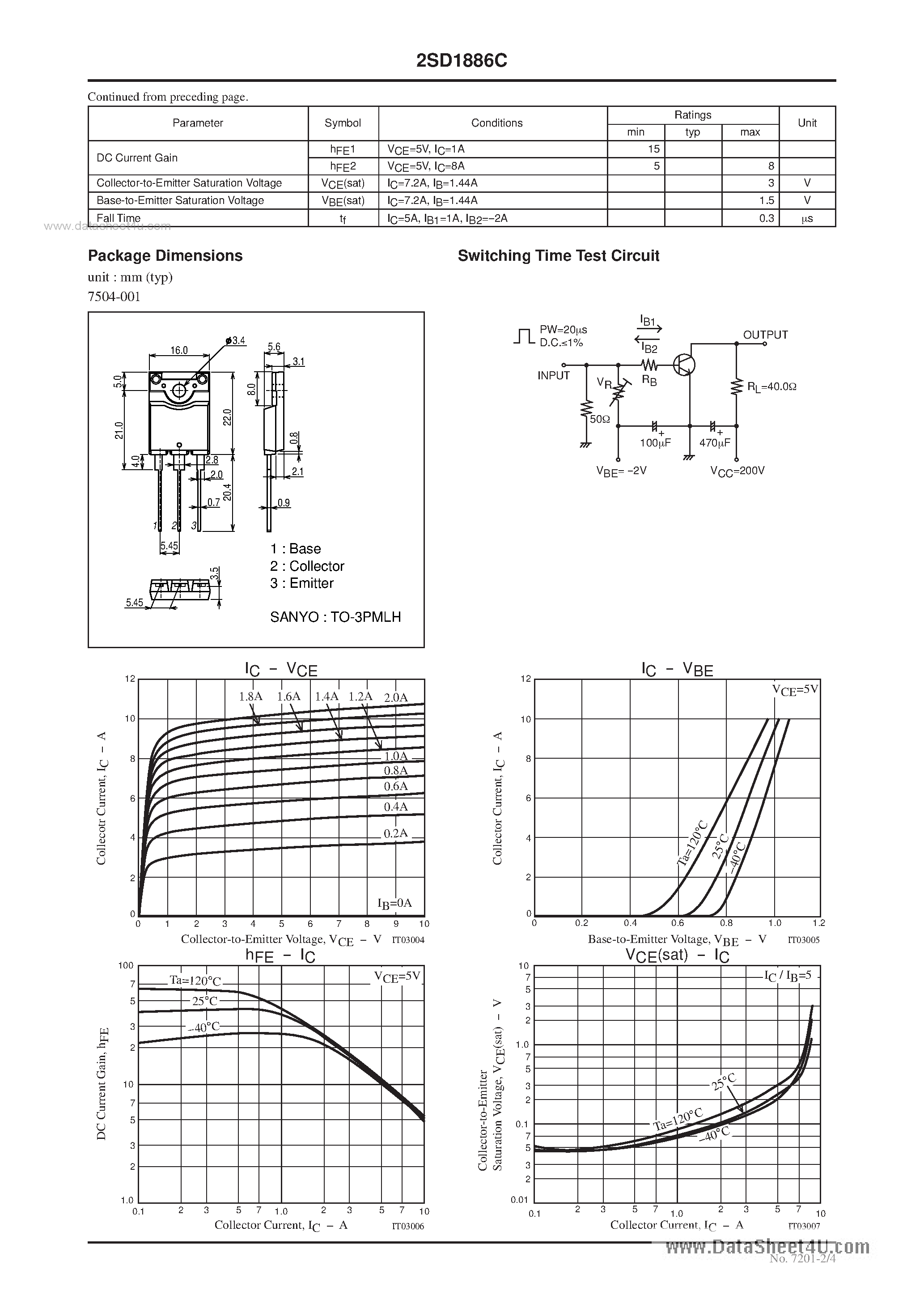 Datasheet 2SD1886C - NPN Triple Diffused Planar Silicon Transistor Color TV Horizontal Deflection Output Applications page 2