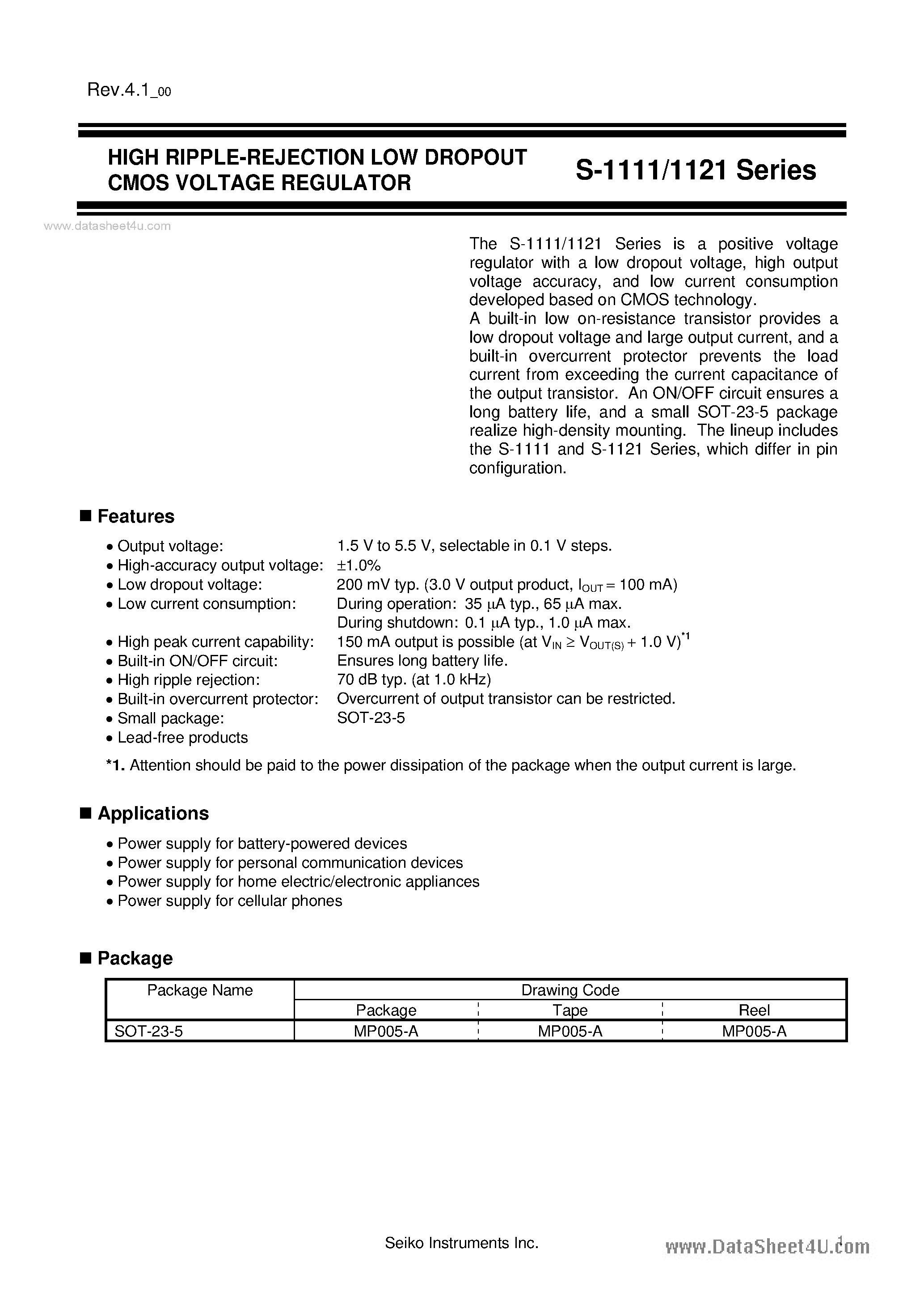Datasheet S-1111 - (S-1111 / S-1121) HIGH RIPPLE-REJECTION LOW DROPOUT page 1