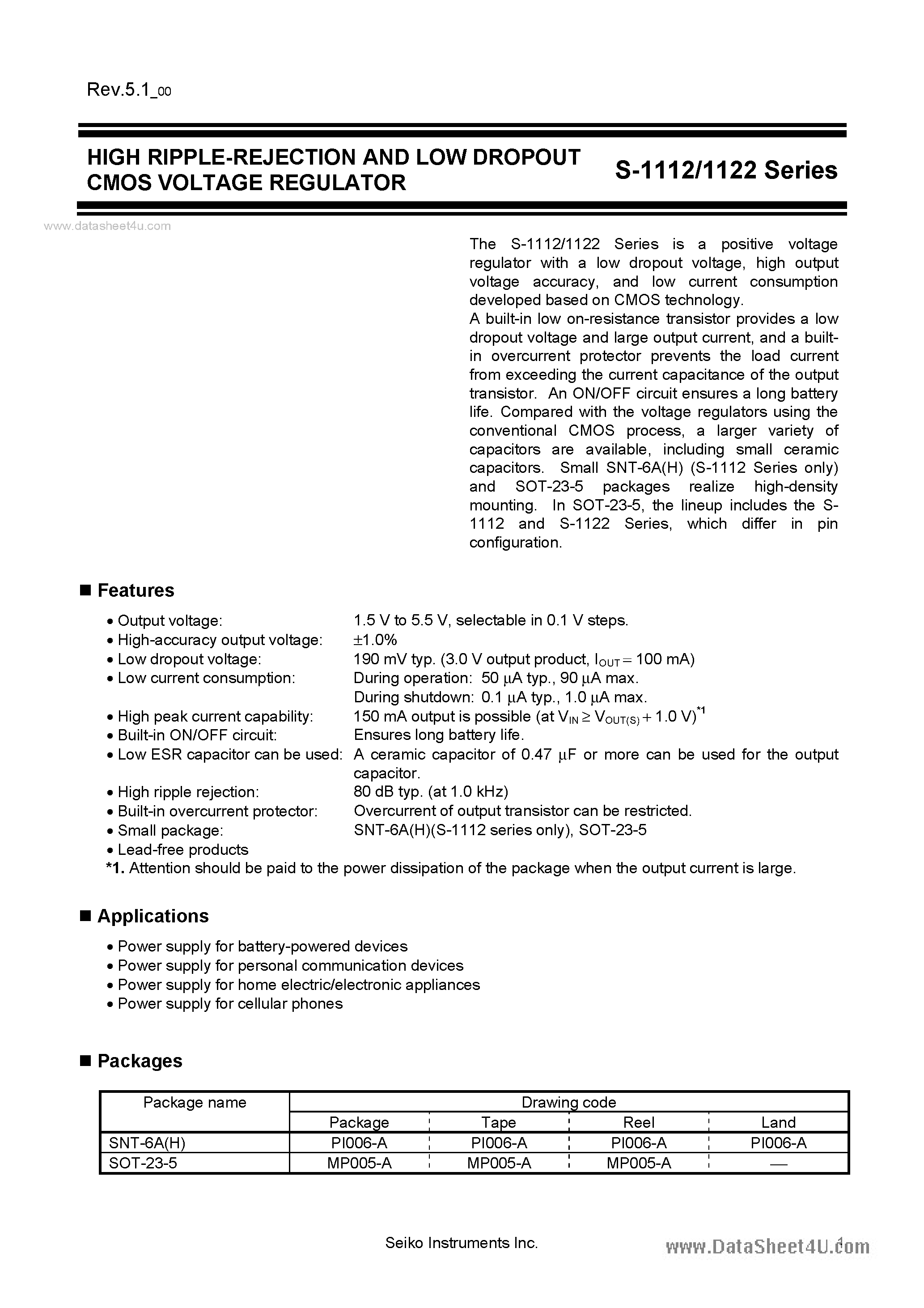 Datasheet S-1112 page 1 Datasheet S-1112 - 9S-1112 / S-1122) HIGH RIPPLE-REJECTION AND LOW DROPOUT CMOS VOLTAGE REGULATOR page 1