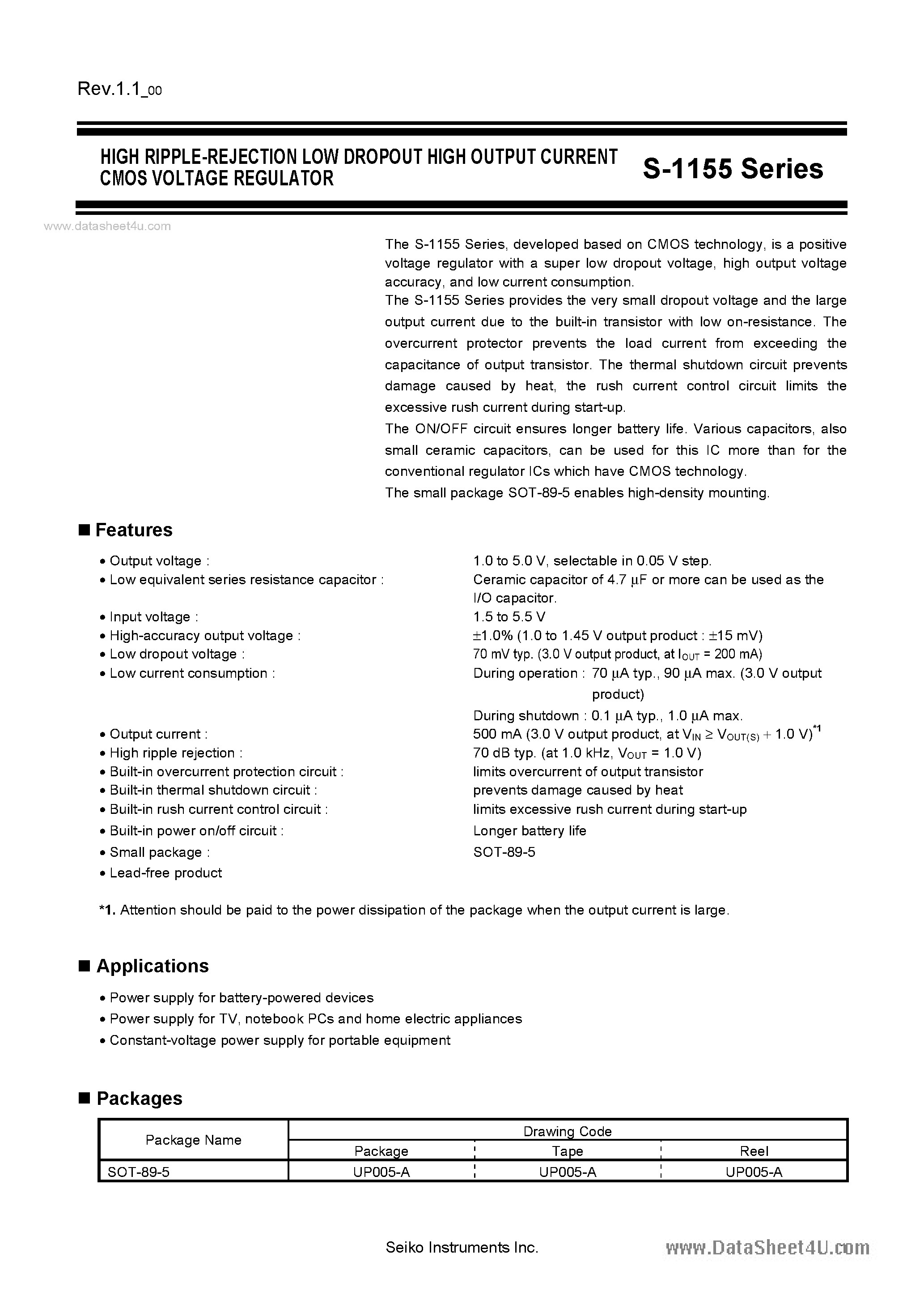 Даташит S-1155 - HIGH RIPPLE-REJECTION LOW DROPOUT HIGH OUTPUT CURRENT CMOS VOLTAGE REGULATOR страница 1