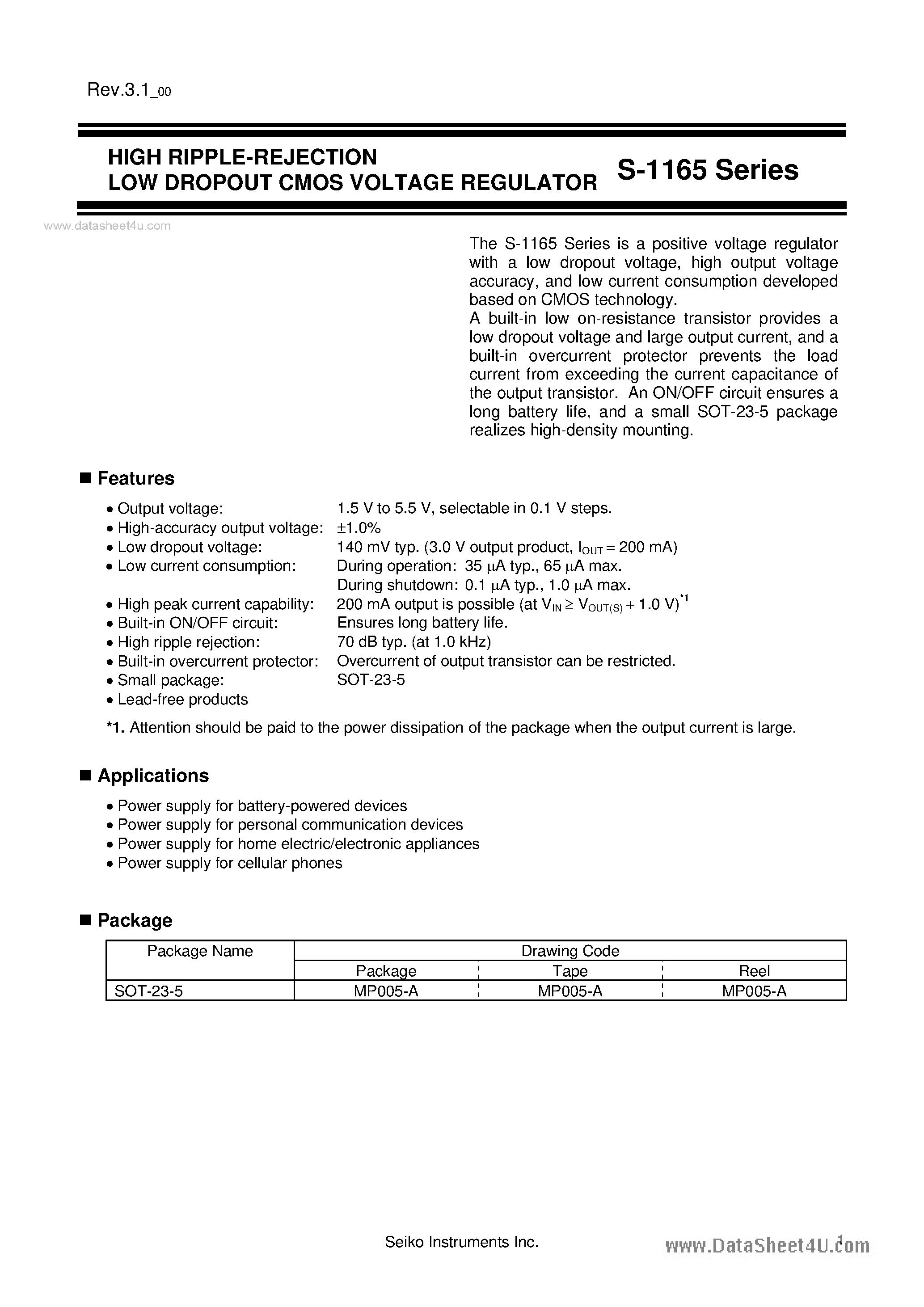 Даташит S-1165 - HIGH RIPPLE-REJECTION LOW DROPOUT CMOS VOLTAGE REGULATOR страница 1