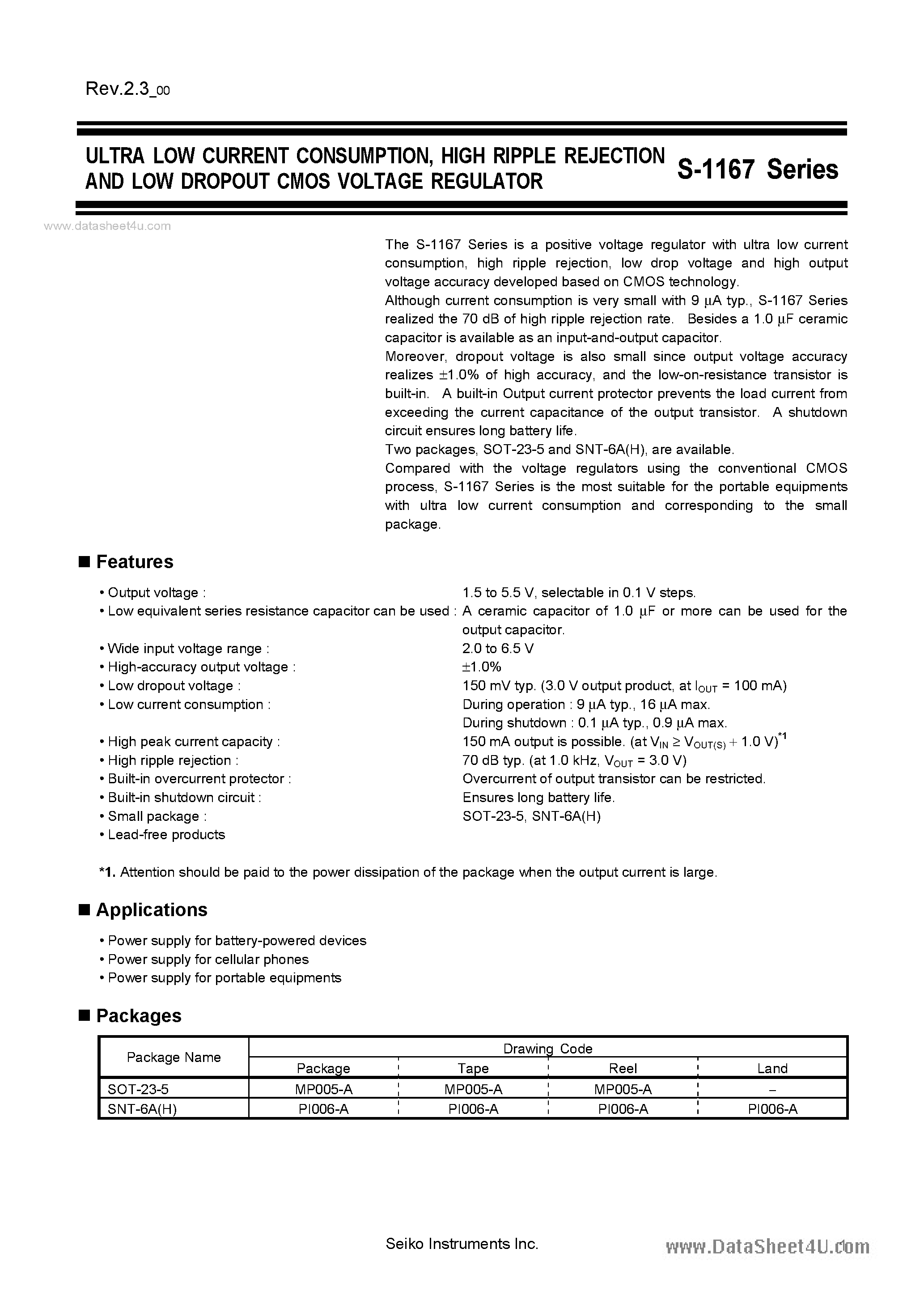 Datasheet S-1167 - HIGH RIPPLE REJECTION AND LOW DROPOUT CMOS VOLTAGE REGULATOR page 1