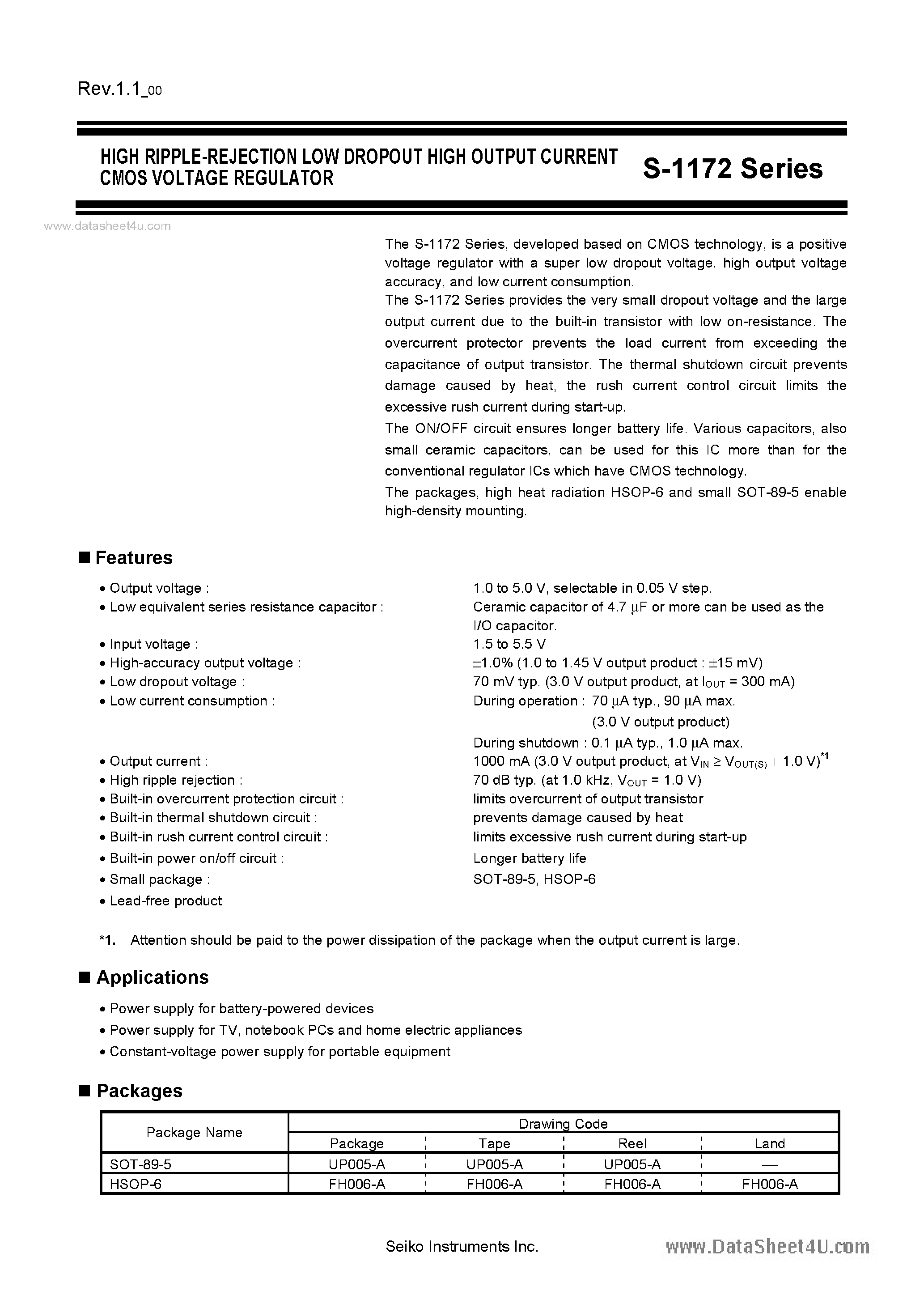 Даташит на микросхему S-1172 страница 1 Даташит S-1172 - HIGH RIPPLE-REJECTION LOW DROPOUT HIGH OUTPUT CURRENT CMOS VOLTAGE REGULATOR страница 1