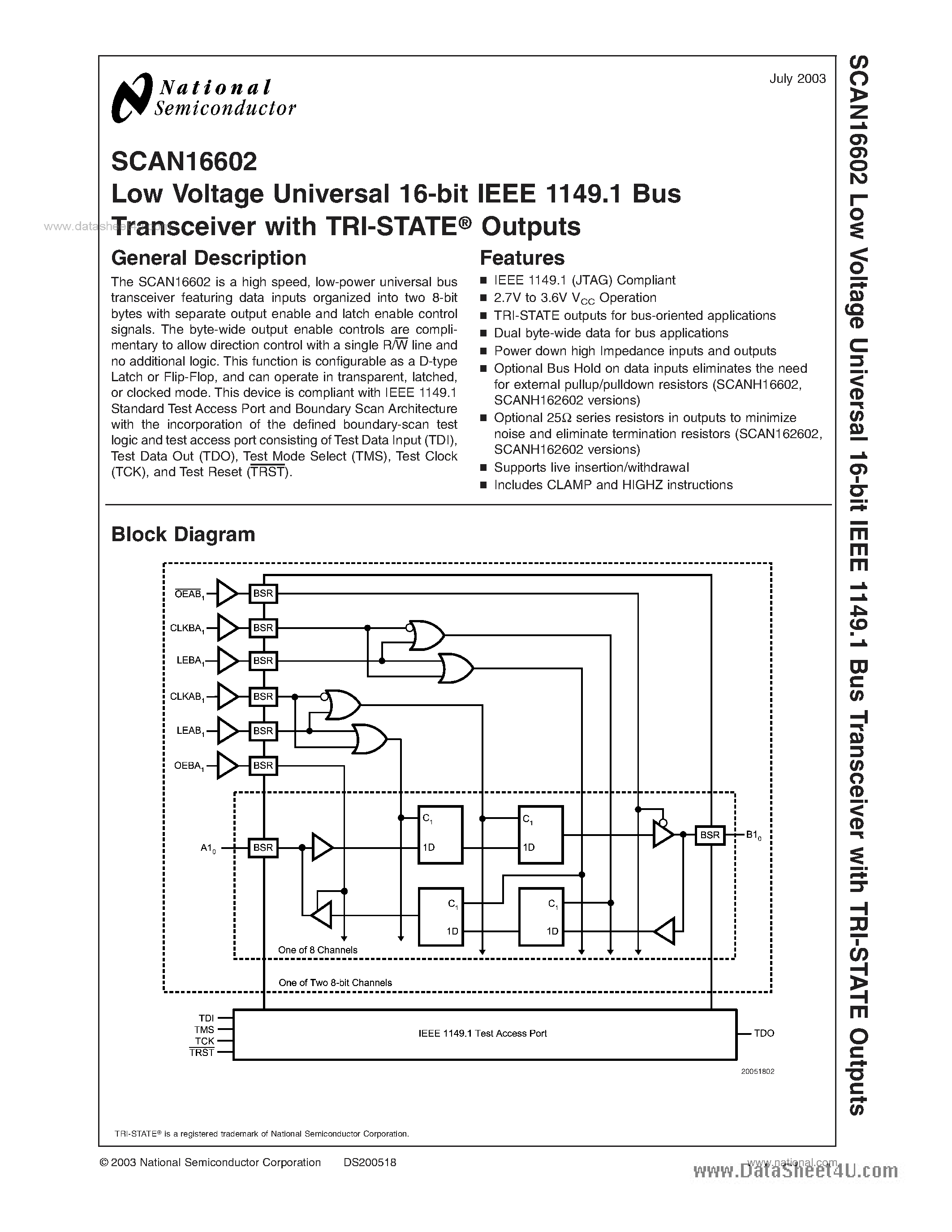 Datasheet SCAN16602 - Low Voltage Universal 16-bit IEEE 1149.1 Bus Transceiver page 1