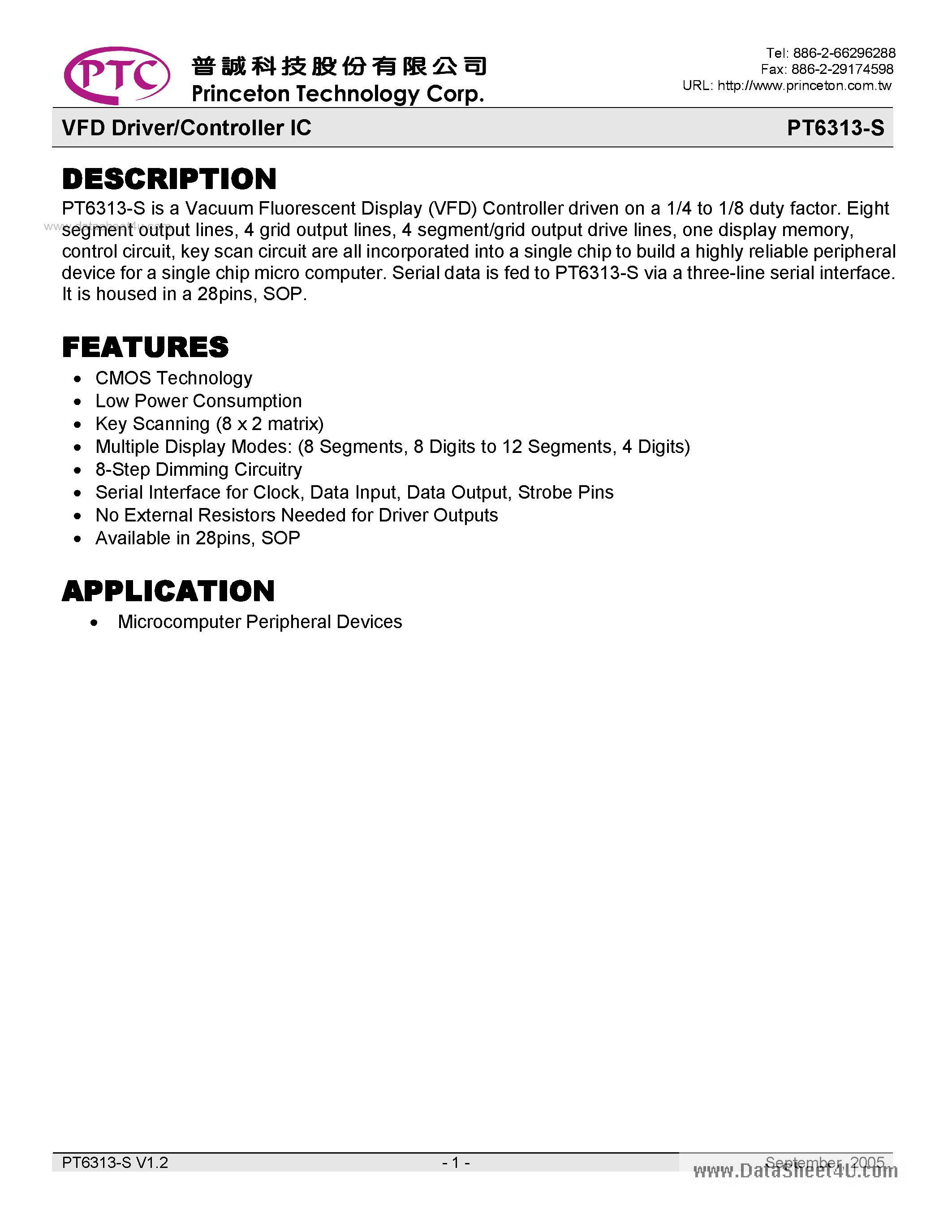 Datasheet PT6313-S page 1 Datasheet PT6313-S - VFD Driver/Controller IC page 1