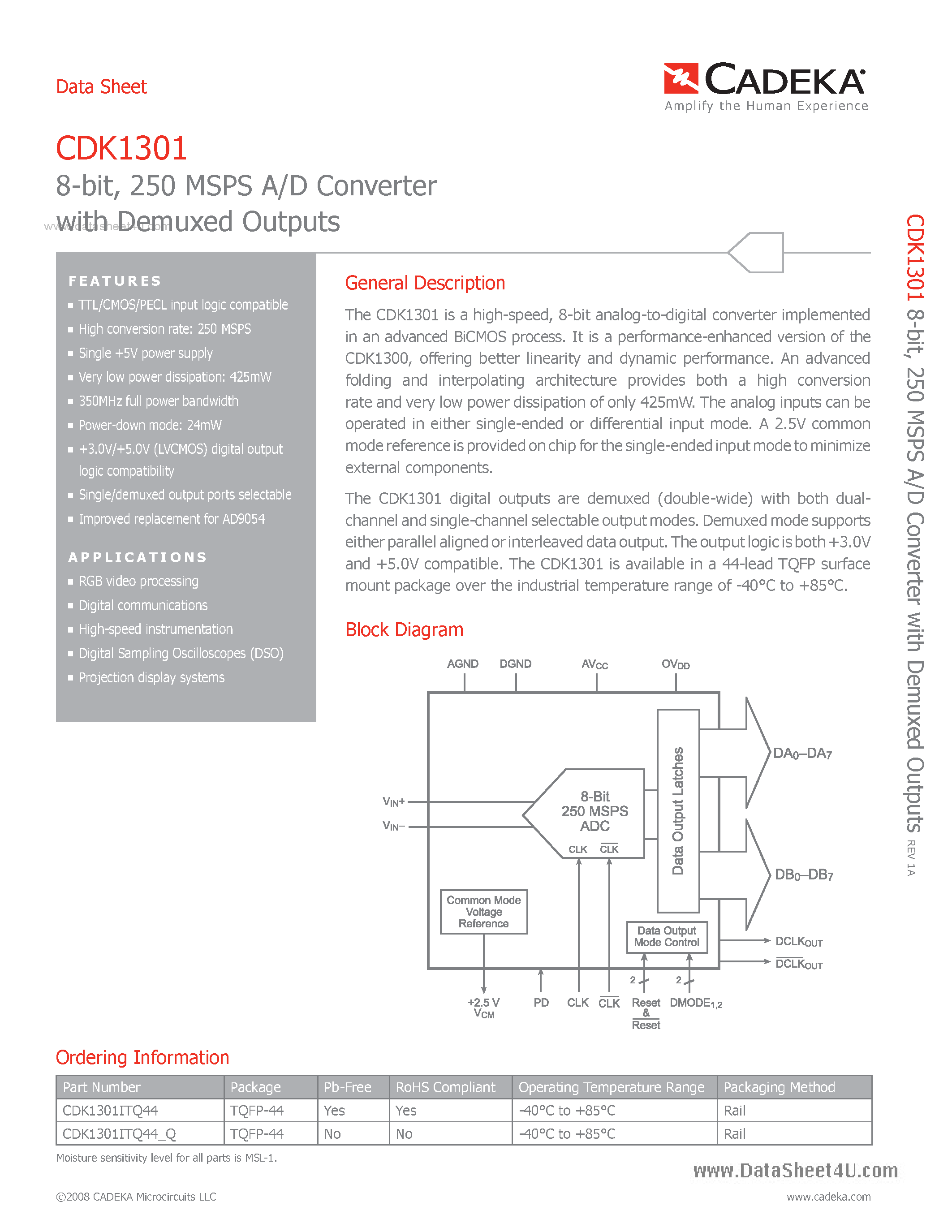 Datasheet CDK1301 - 250 MSPS A/D Converter page 1