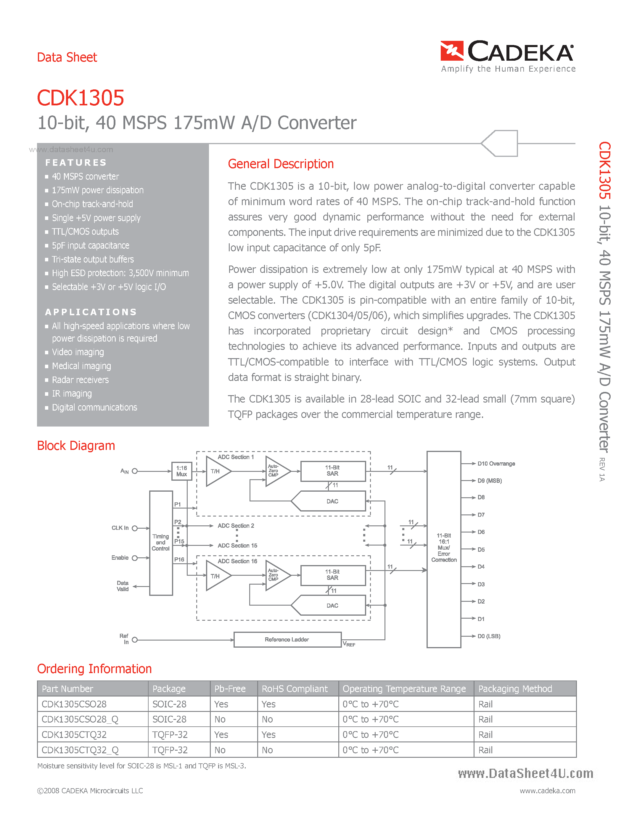 Datasheet CDK1305 page 1 Datasheet CDK1305 - 40 MSPS 175mW A/D Converter page 1