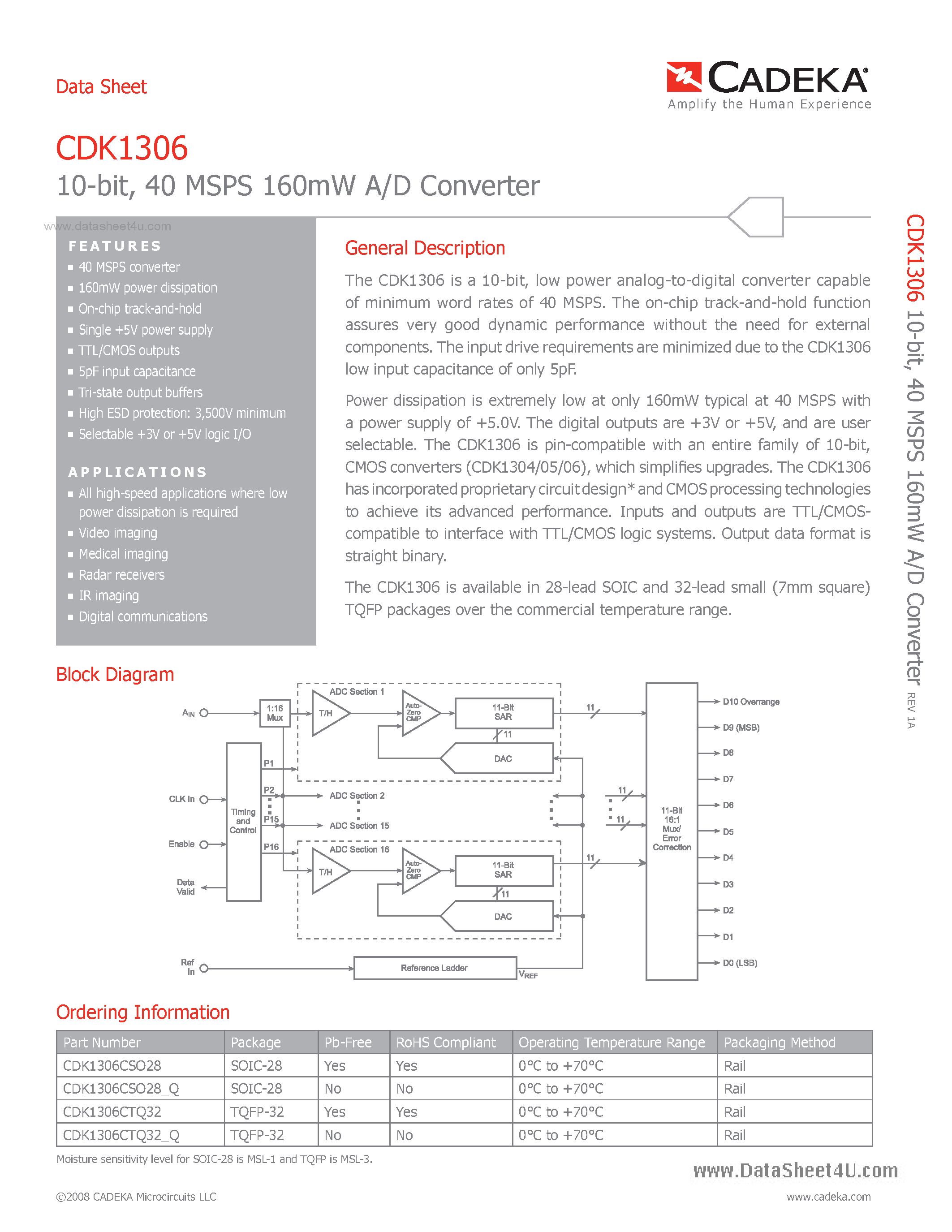 Datasheet CDK1306 page 1 Datasheet CDK1306 - 40 MSPS 160mW A/D Converter page 1
