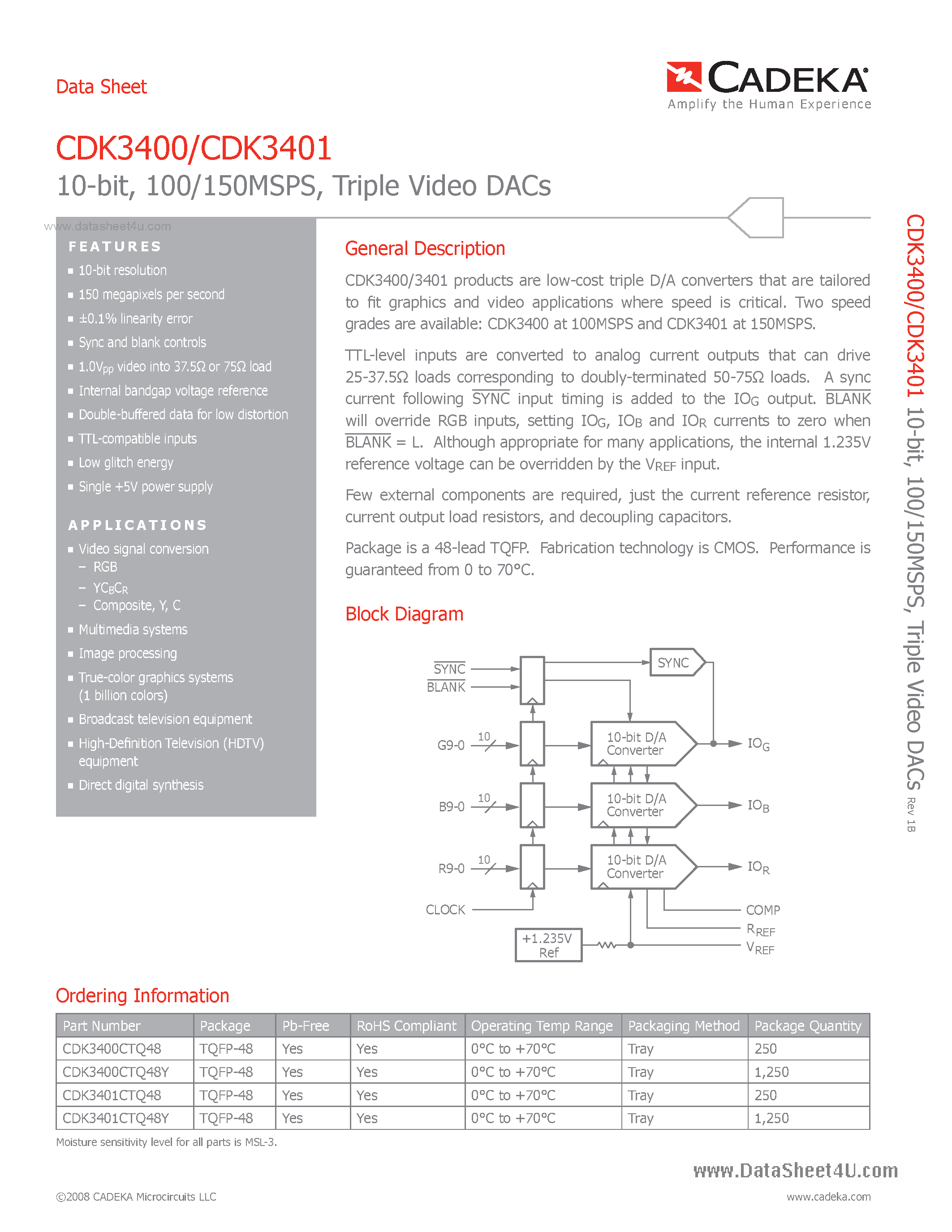 Datasheet CDK3400 page 1 Datasheet CDK3400 - (CDK3400 / CDK3401) Triple Video DACs page 1