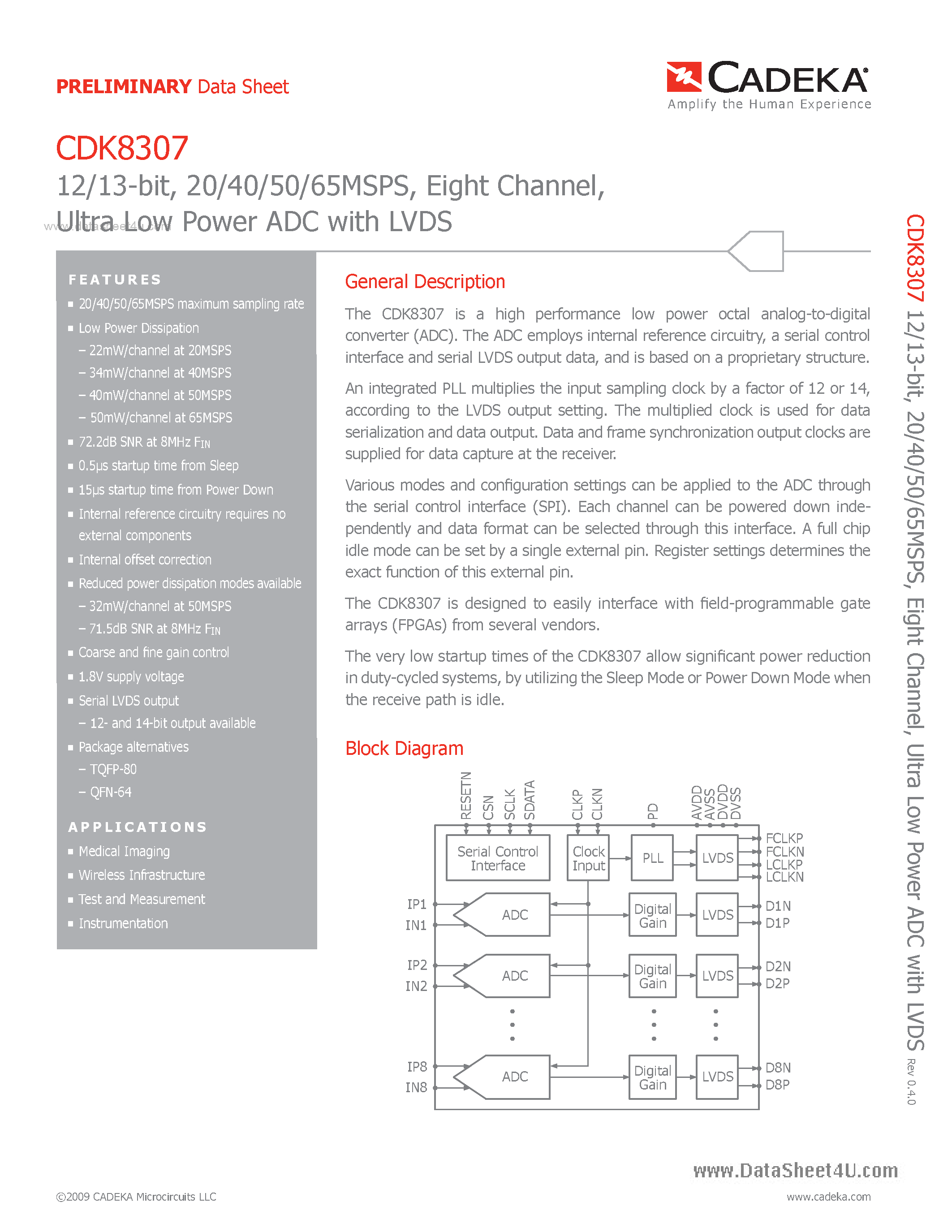 Datasheet CDK8307 - Ultra Low Power ADC page 1
