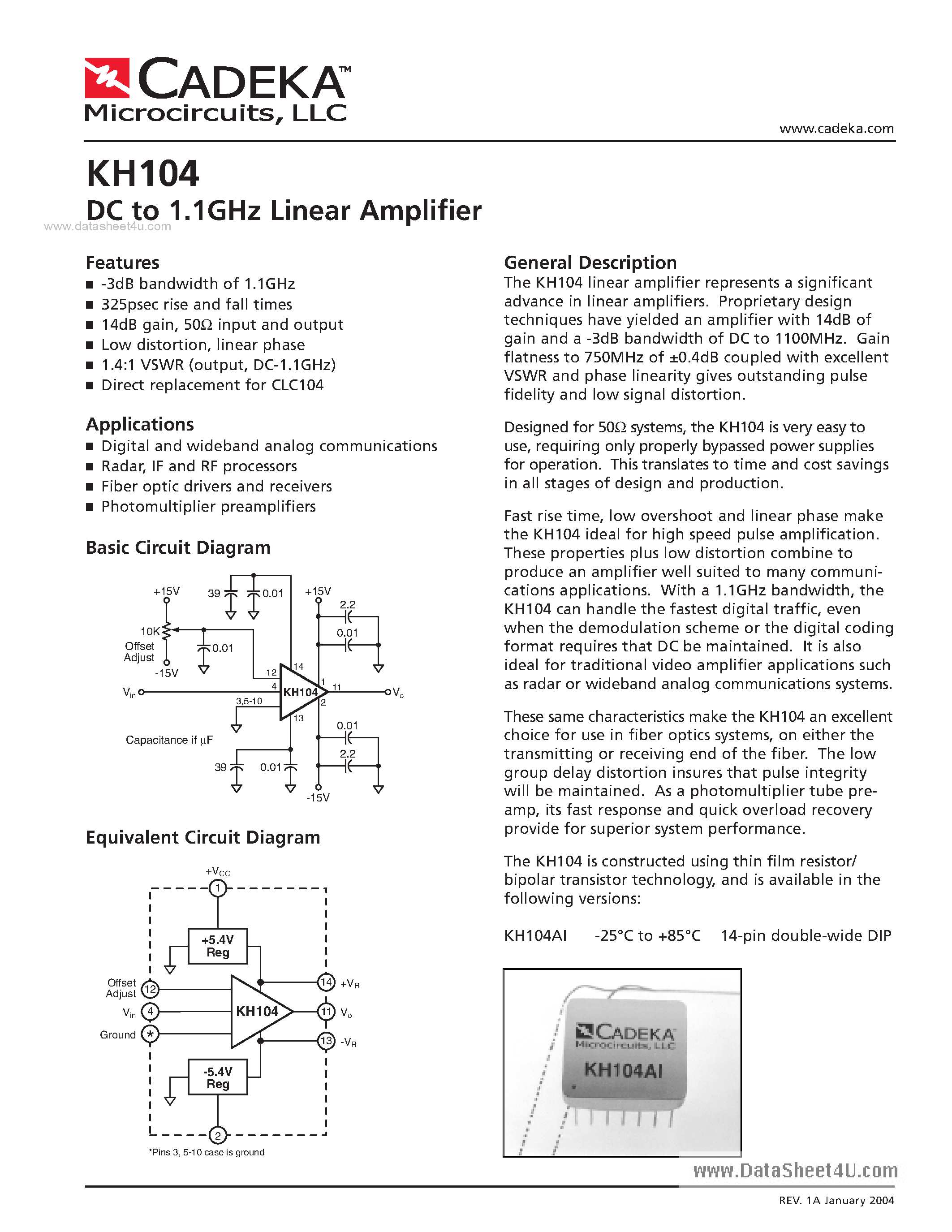 Datasheet KH104 page 1 Datasheet KH104 - DC to 1.1GHz Linear Amplifier page 1