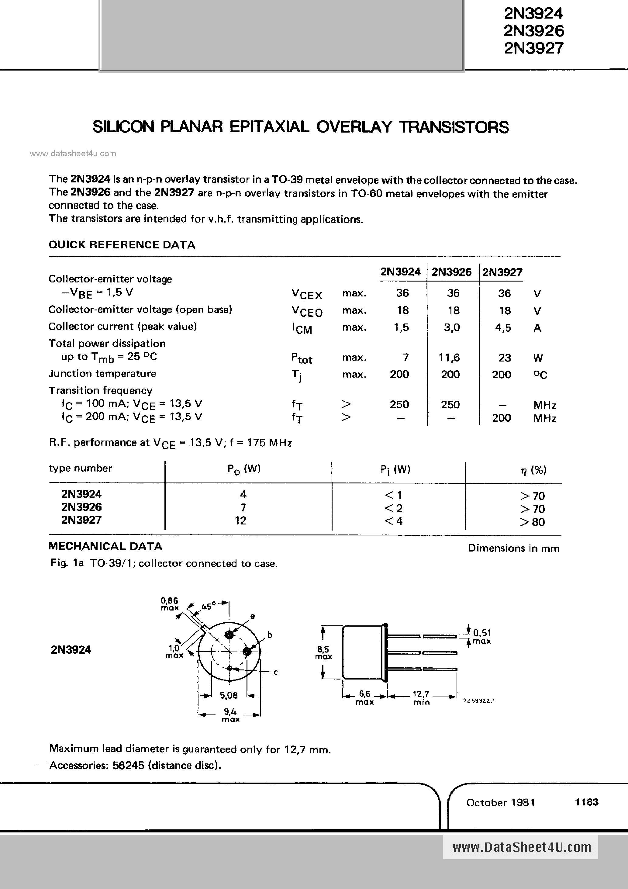 Даташит на микросхему 2N3924 страница 1 Даташит 2N3924 - (2N3924 - 2N3927) Silicon Epitaxial Planar Overlay Transistors страница 1
